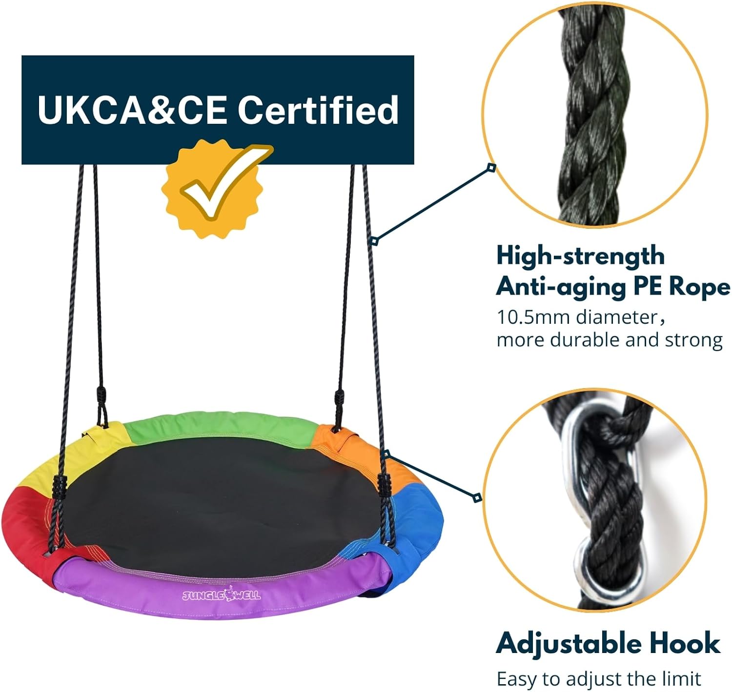 Saucer Swing – 40’’ Tree Swing Seat with 900D Oxford Waterproof Fabric for Kids & Adults | 700 lbs Weight Capacity | Adjustable Straps & 2 Carabiners for Indoor & Outdoor Fun (Rainbow)