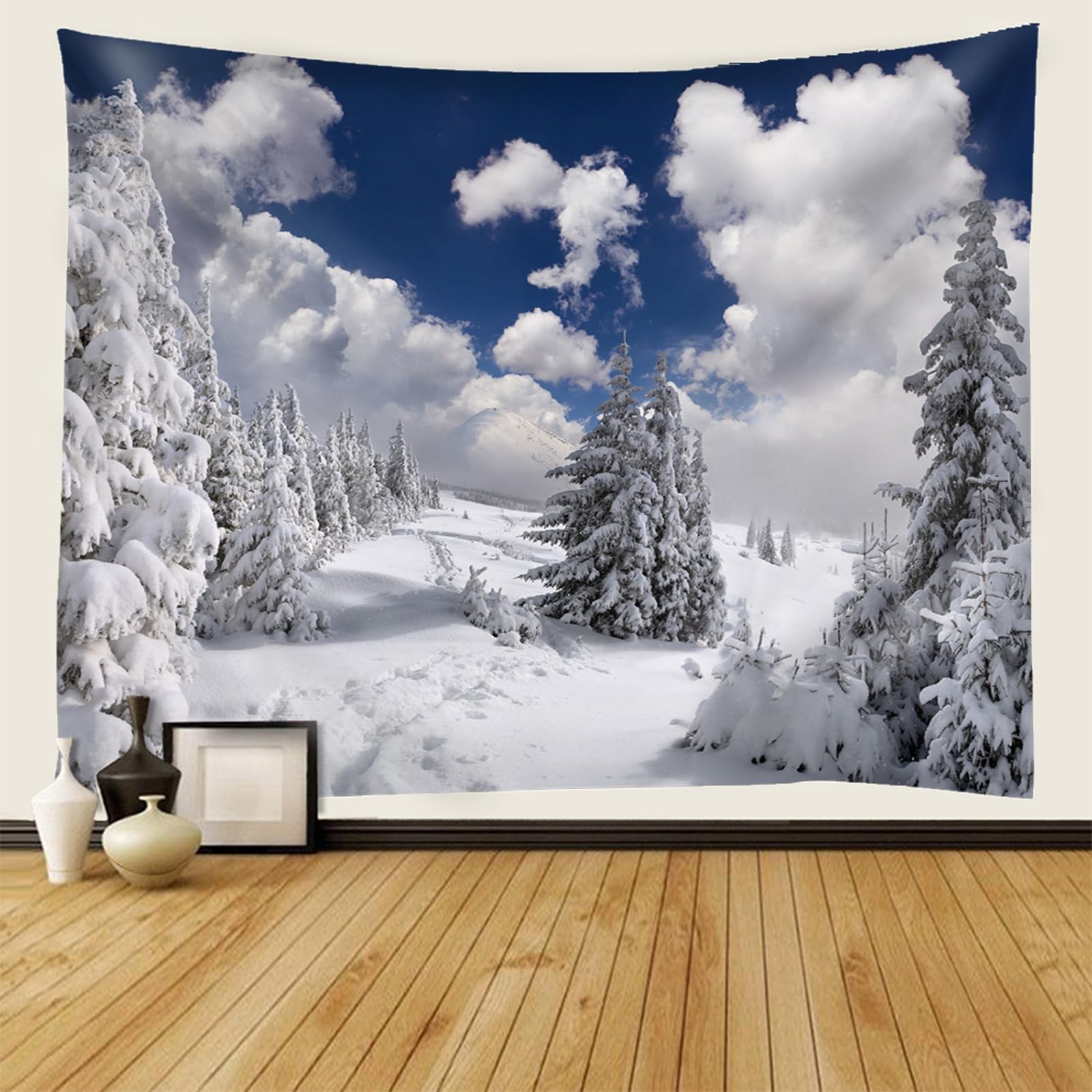 RDSGYZ Gobelin duży 300 x 256 cm, ozdoba na ścianę, chusta na ścianę, motyw zimowych gór, białych chmur i drzew, zasłona ścienna, dekoracja ścienna, do pokoju dziecięcego, sypialni, salonu