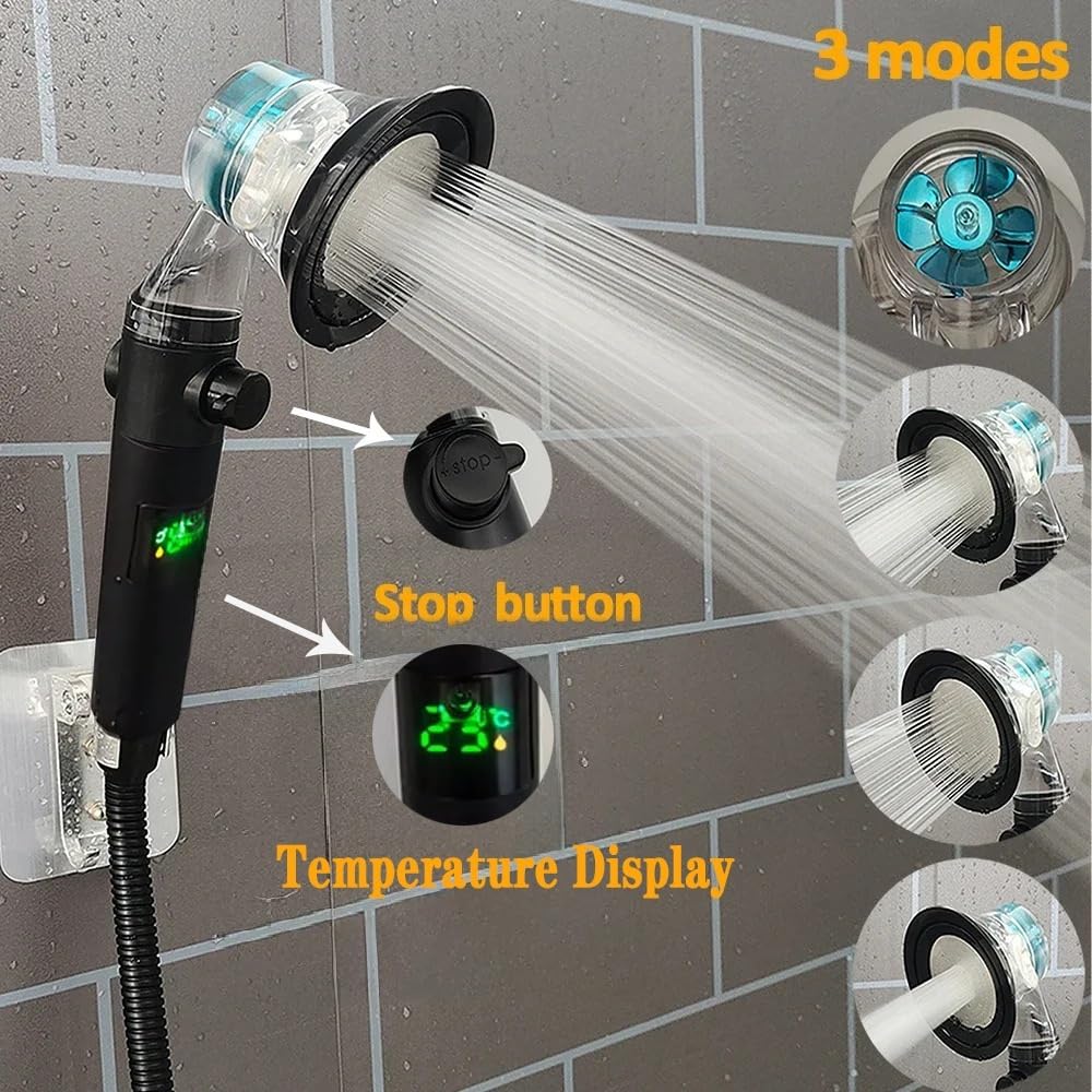Cabezal de ducha turbo de alta presión con 3 modos de pulverización, visualización de temperatura, boquilla de alto flujo, sistema de ducha a presión para una experiencia de baño definitiva (negro)