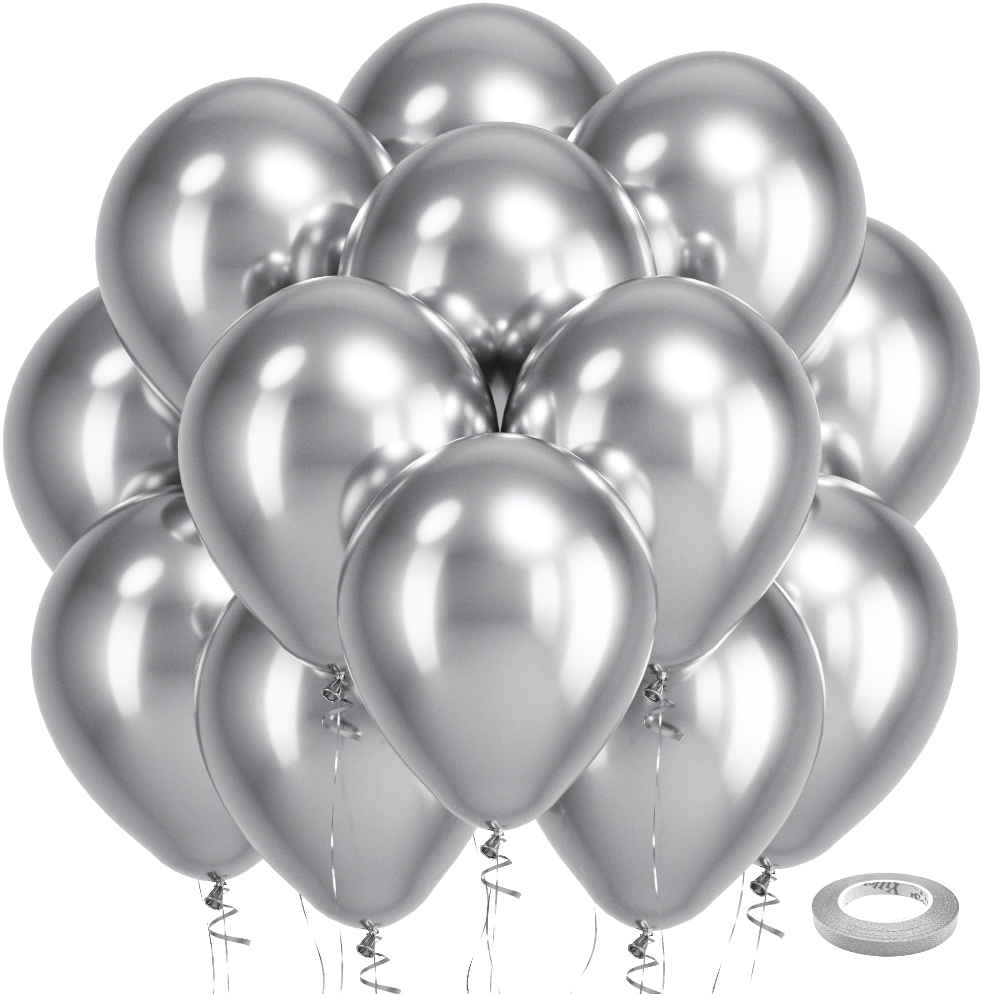 Bezente Silver Metallic Chrome Latex Balloons, 100 Pack 12 inch Silver Round Helium Balloons for New Years Wedding Anniversary Bridal Shower Birthday Engagement Party Decorations