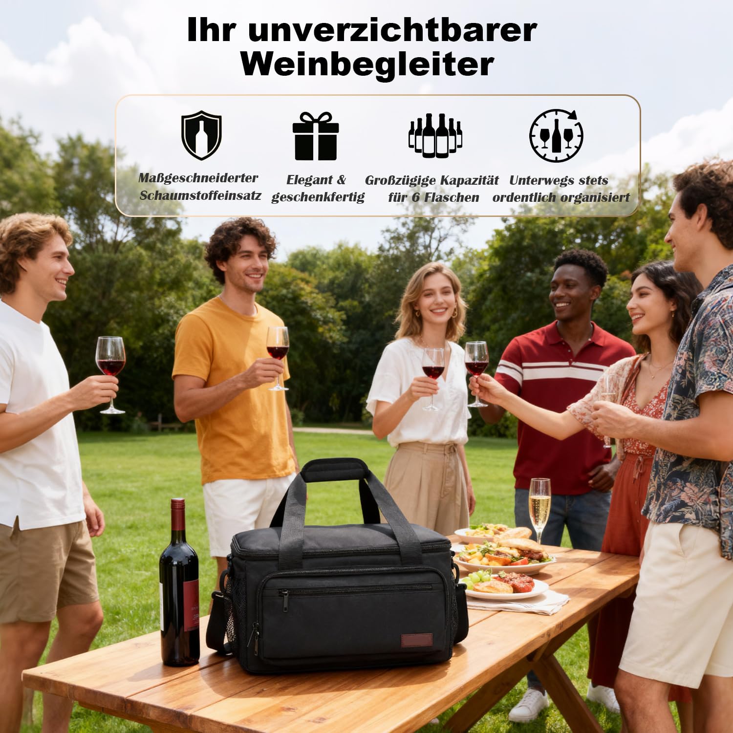 Bolsa de vino para 6 botellas de viaje, caja de vino con doble capa de espuma que absorbe los golpes, bolsa protectora para viajes en avión, bolsa de transporte para 6 botellas para viajes y