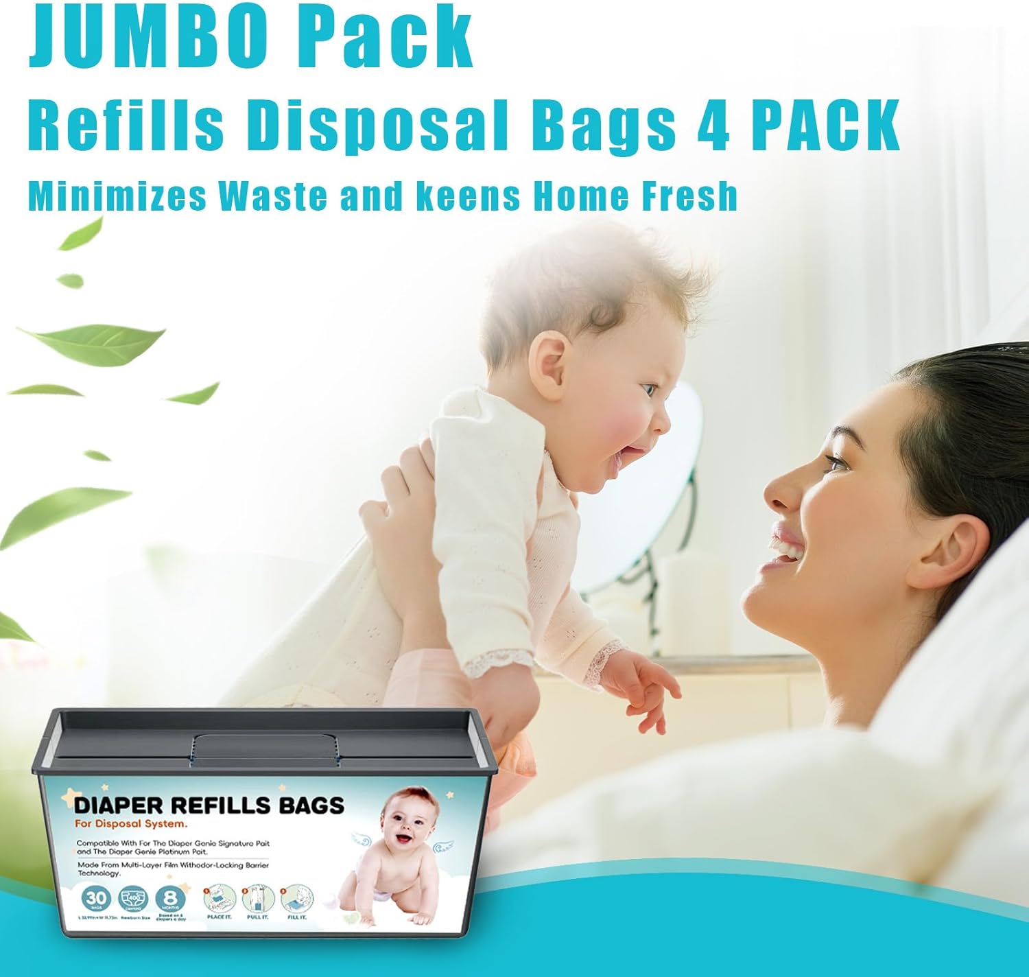 Diaper Pail Refills Bags with 30 Bags Compatible with For Genie Easy Roll Signature and Platinum Diaper Pails, 7-Layer Odor-Barrier Technology, 1 Pack (4 Pack)