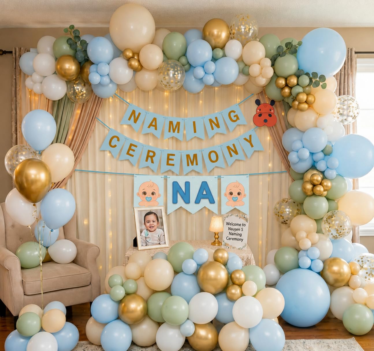 Naming Ceremony Decoration Kit for Baby Boy with Blue Banner(cardstock), Pastel Balloons, Metallic Gold Balloons, Confetti Balloons, White Curtain-image-8
