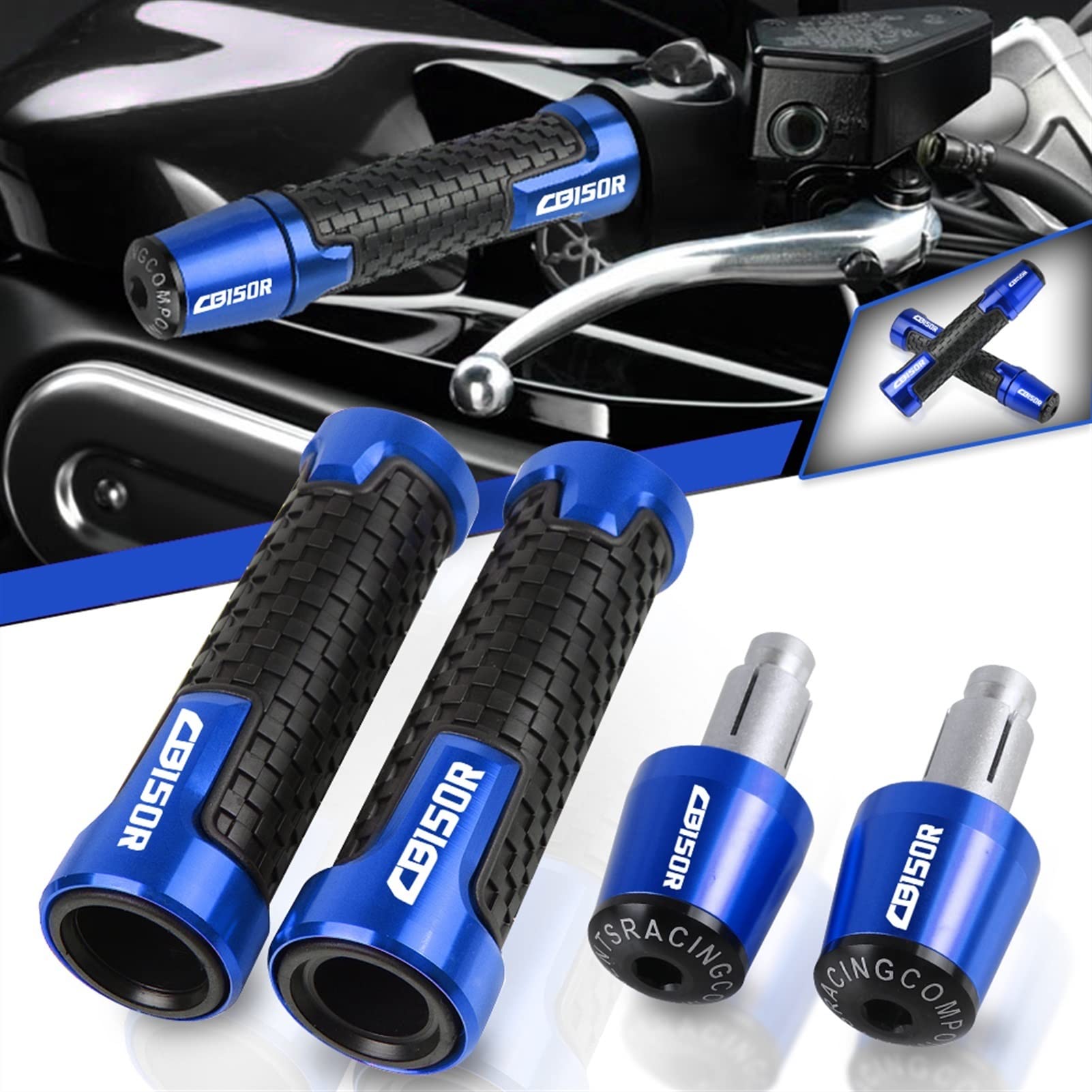 Contrapesos Manillar Moto para CB150R 2017 2018 2019 2020 7/8 "22mm Empuñaduras de Manillar Goma Antideslizante Manillar Moto Grip CNC Aluminio(Black,A+B)