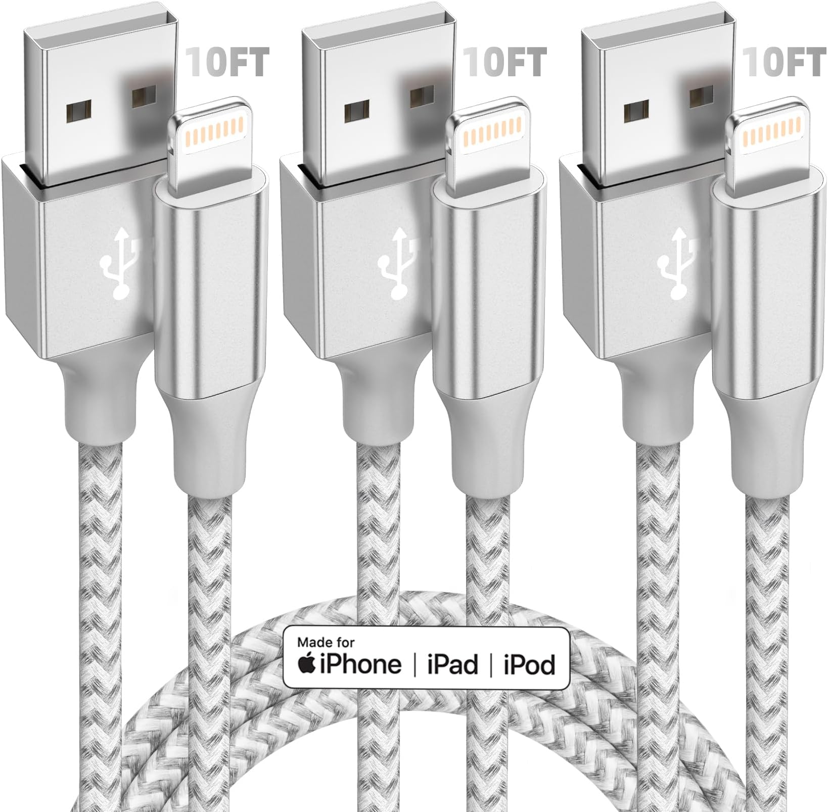 iPhone Charger [Apple MFi Certified] 3pack 10FT Long Lightning Cable Fast Charging High Speed Data Sync USB Cable Compatible iPhone 13/12/11 Pro Max/XS MAX/XR/XS/X/8/7/Plus/6S (Grey White)ClimatePartner certified