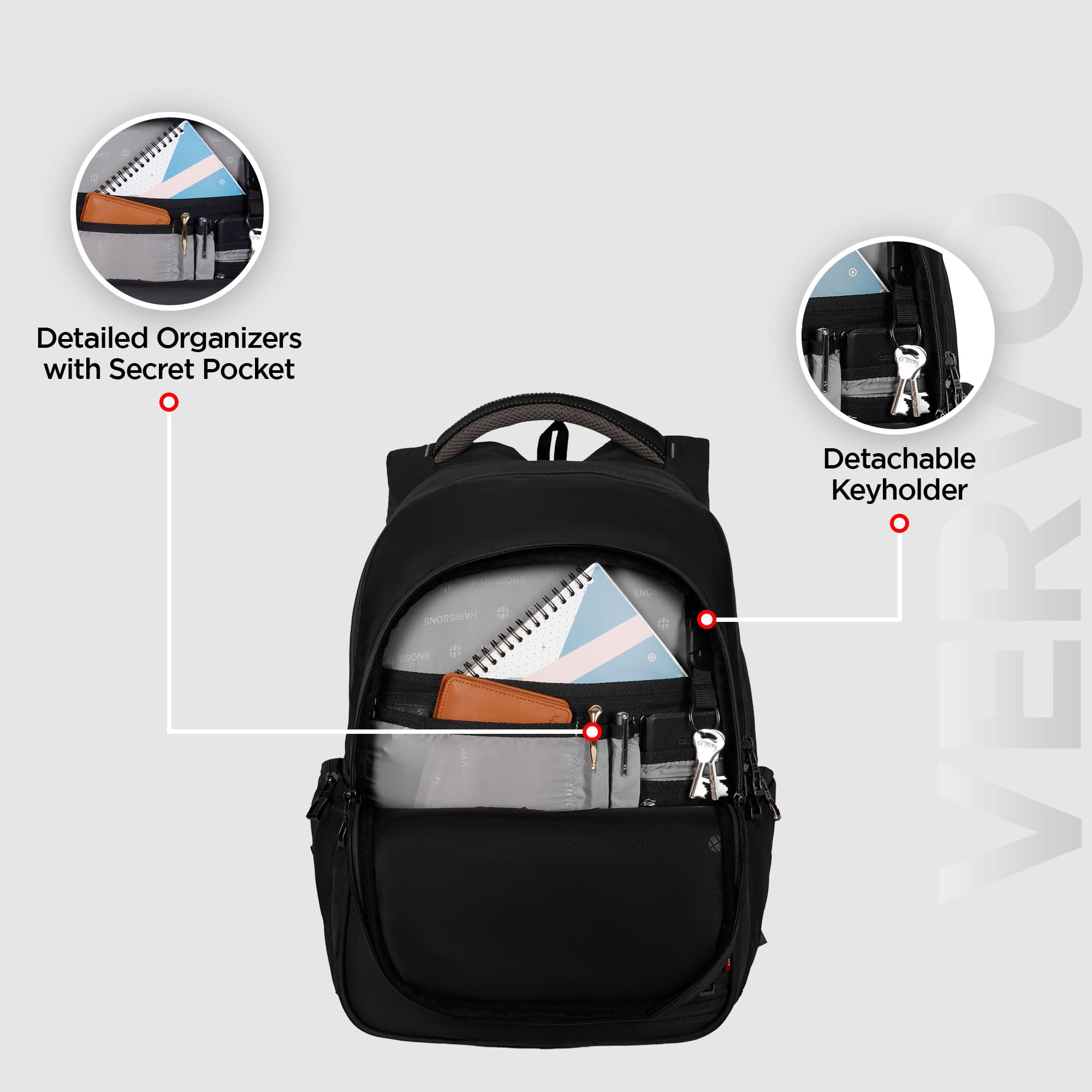 HARISSONS Vervo 40L Waterproof Laptop Backpack for Men & Women | Fits 15.6" Laptop with Sternum Strap, Quick Access Pocket, Detachable Key Holder, Organized Compartments & Raincover (Black) 2
