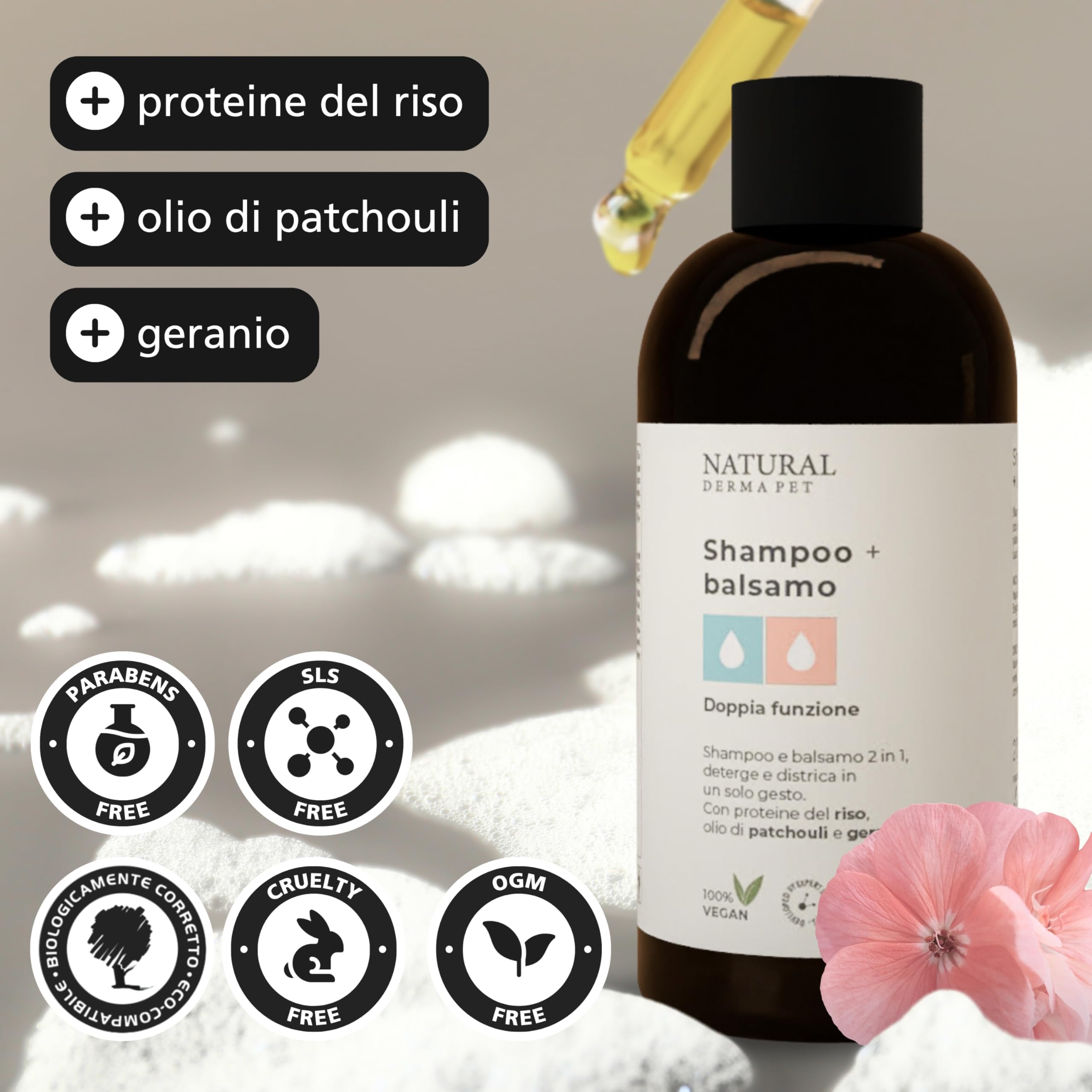 Natural Derma Pet Shampoo e Balsamo per Cani 2 in 1 – Deterge e Districa in modo Facile e Veloce, per un Pelo Pulito, Morbido e Profumato – 200 ml – Made in Italy - 100% Vegan