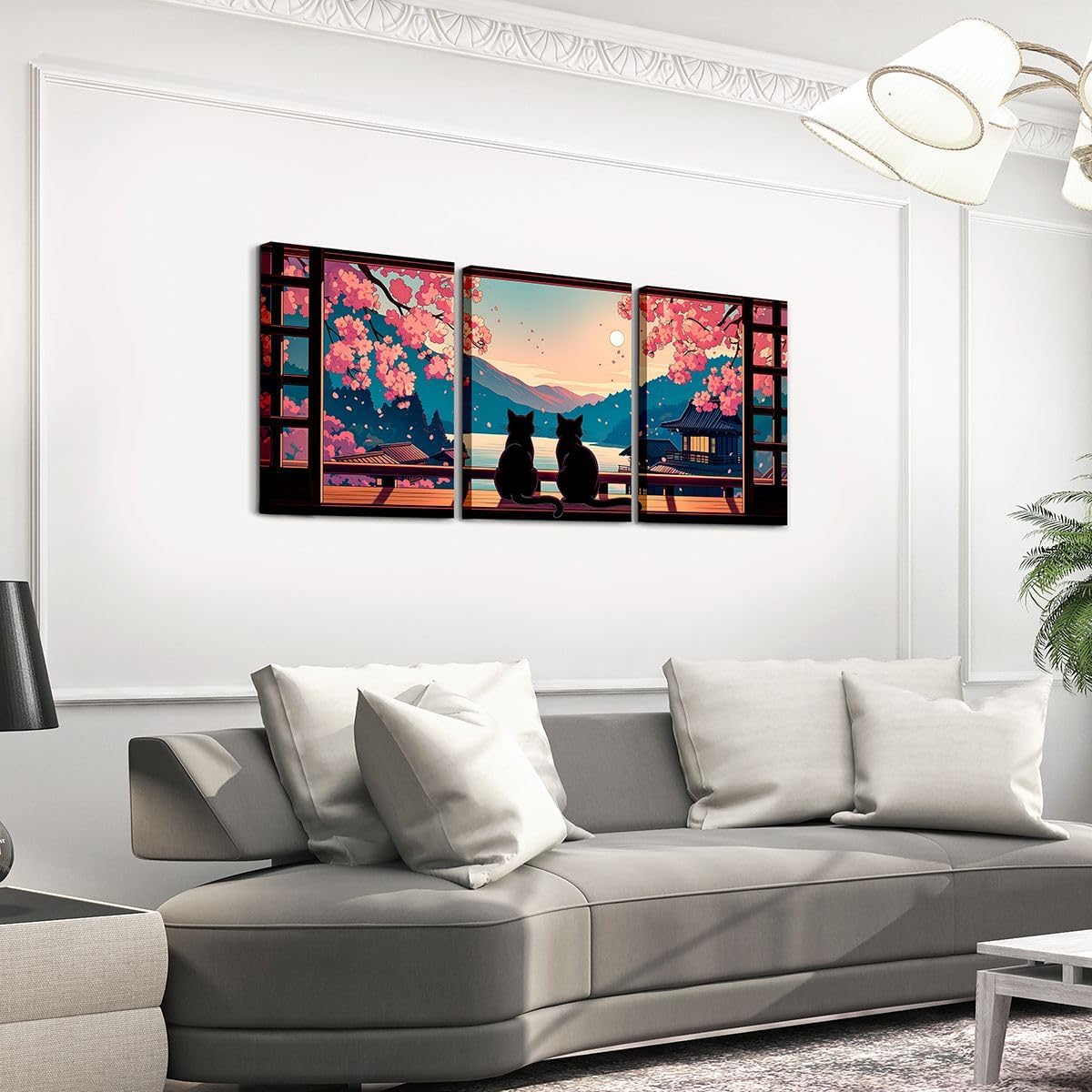 Manfei Sakura Cat Canvas Wall Art 3 Piece Japanese Cherry Blossom Wall Decor Girls Boys Kids Teens Anime Landscape Framed Canvas Prints Pink Black image 3