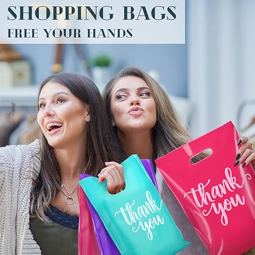 Miniatura 5 de Eersida 200 bolsas de plástico con asas de agradecimiento troqueladas, bolsas de plástico para mercancías para compras, paquete de compras al por