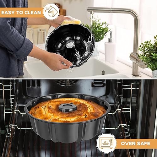 Miniatura 5 de Onader Paquete de 2 moldes antiadherentes para tartas de 10 pulgadas, redondos, acanalados, para hornear pasteles, 10 tazas de molde grande de acero