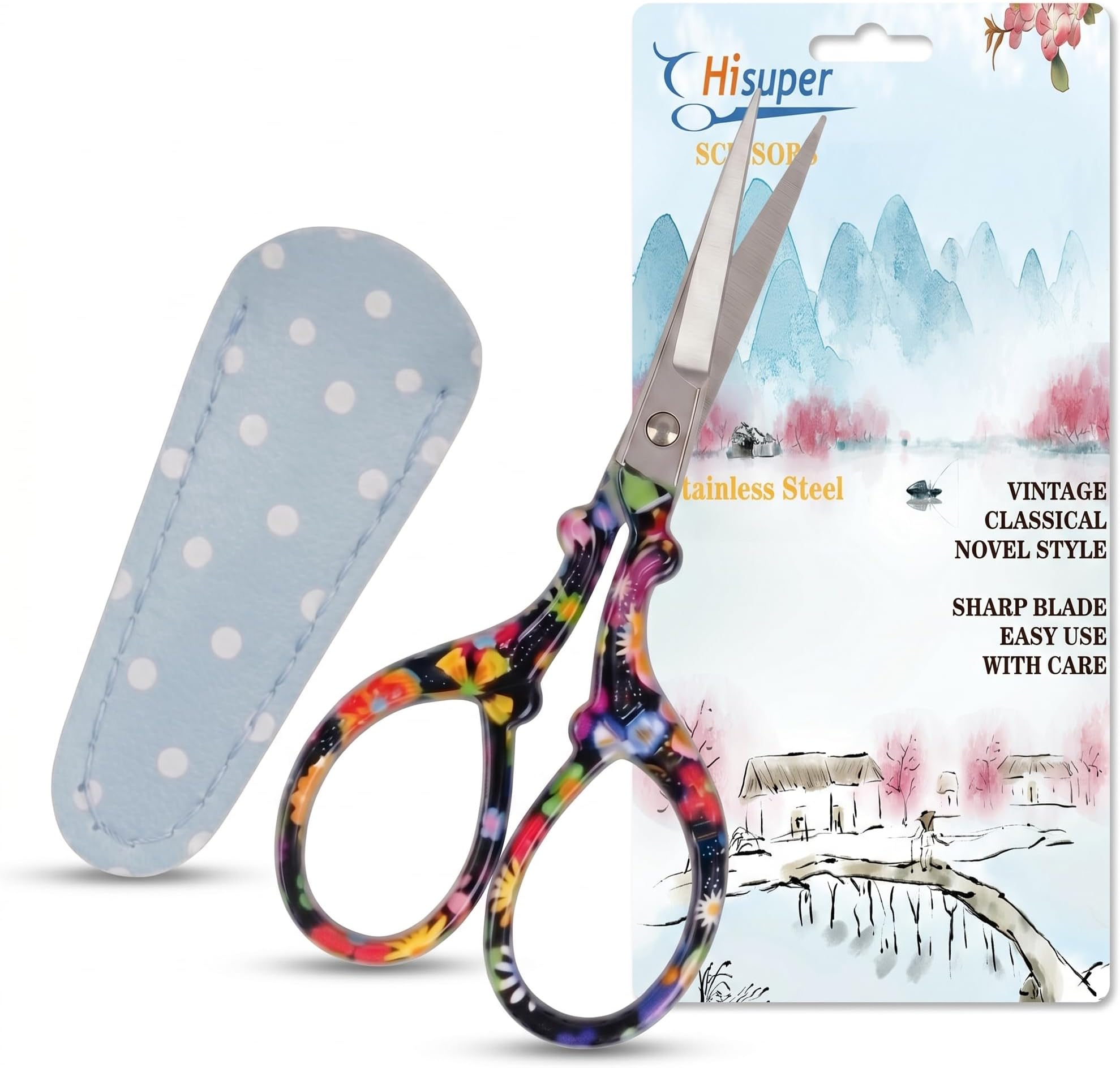 Classic 3.6" Sewing Scissors with Premium Leather Sheath-Hisuper Sharp Embroidery Scissors,Vintage Decorative Shears for Needlework,Cross Stitch,Crochet Accessories,Craft DIY Tool-Black Floral
