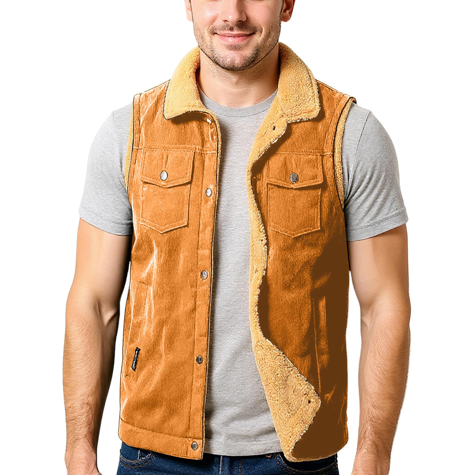 Chaleco tradicional para hombre, chaleco de invierno para hombre, chaleco térmico con forro de piel sintética, tira de botones y bolsillos en el pecho, ropa de trabajo al aire libre