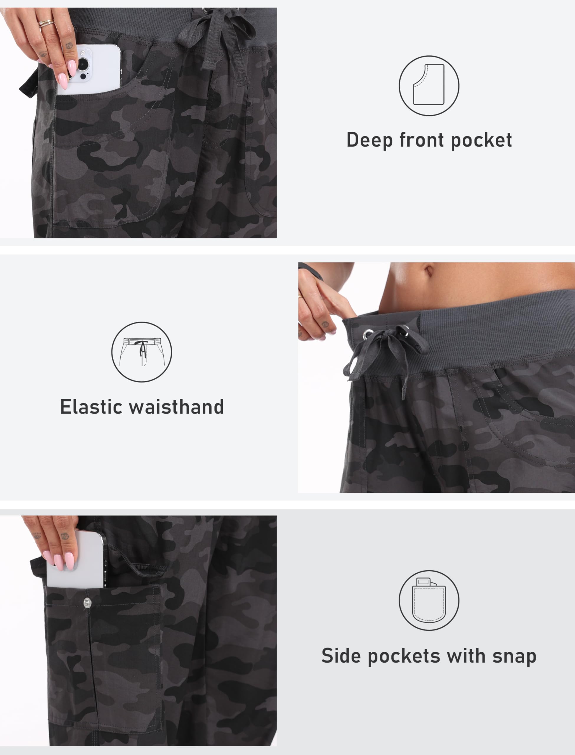 JINSHI Spodnie damskie cargo, długie spodnie Capri, spodnie rekreacyjne, outdoorowe, spodnie do biegania, wysoka talia, ze sznurkiem do ściągania, Tarngrau, M