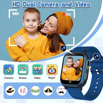 Kids Smart Watch Gift for Boys Ages 3-12, IP67 Waterproof, 32 Puzzle Games, HD Touchscreen Dual Camera Vedio Pedometer Music Player, Kids Watch Toy Birthday Gifts for Boys Ages 5 6 7 8 9 10 (Blue)