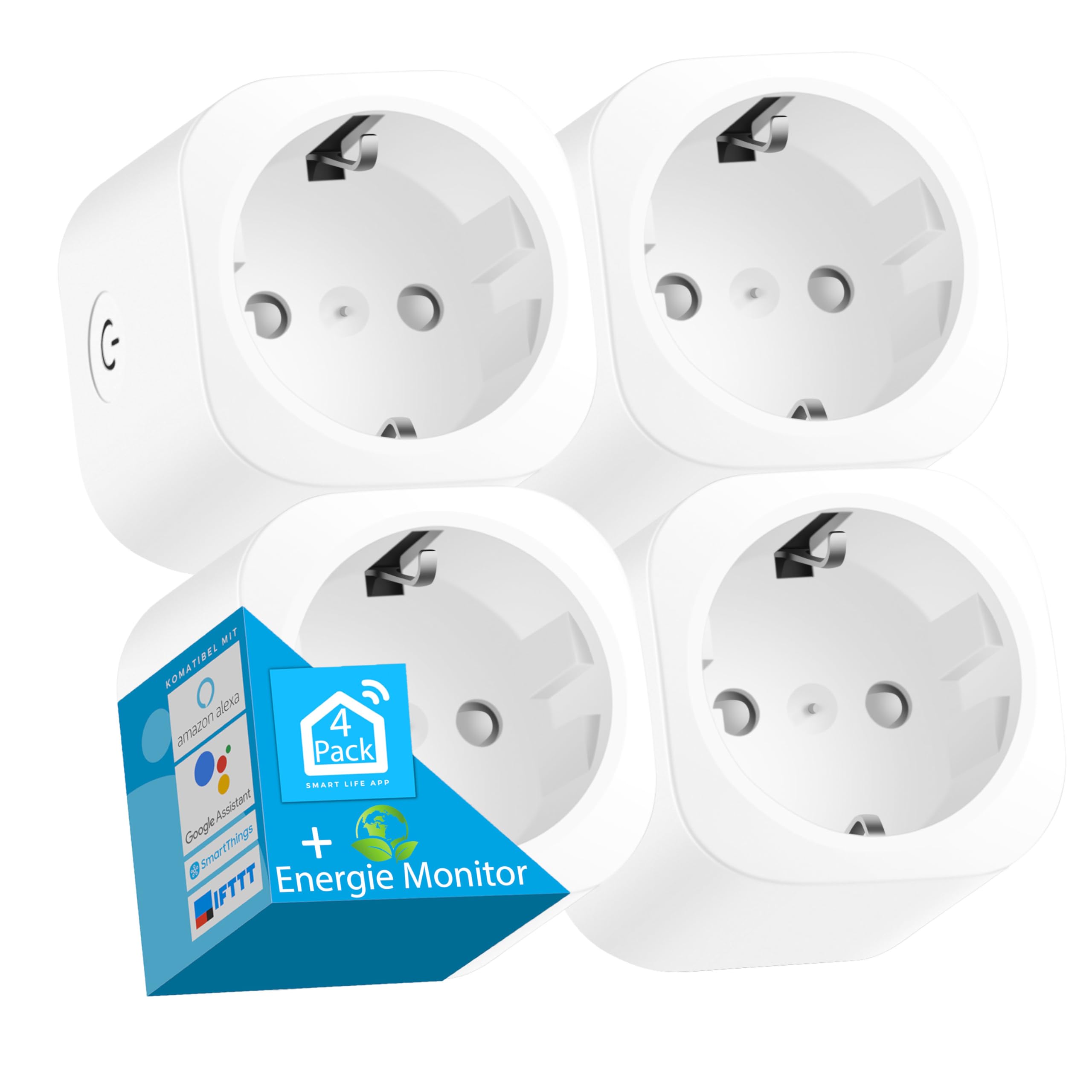 Echos Presa Smart WiFi, 4 pezzi, controllata da app, con monitor di energia, controllo vocale con Google Home e Alexa, Smart Home