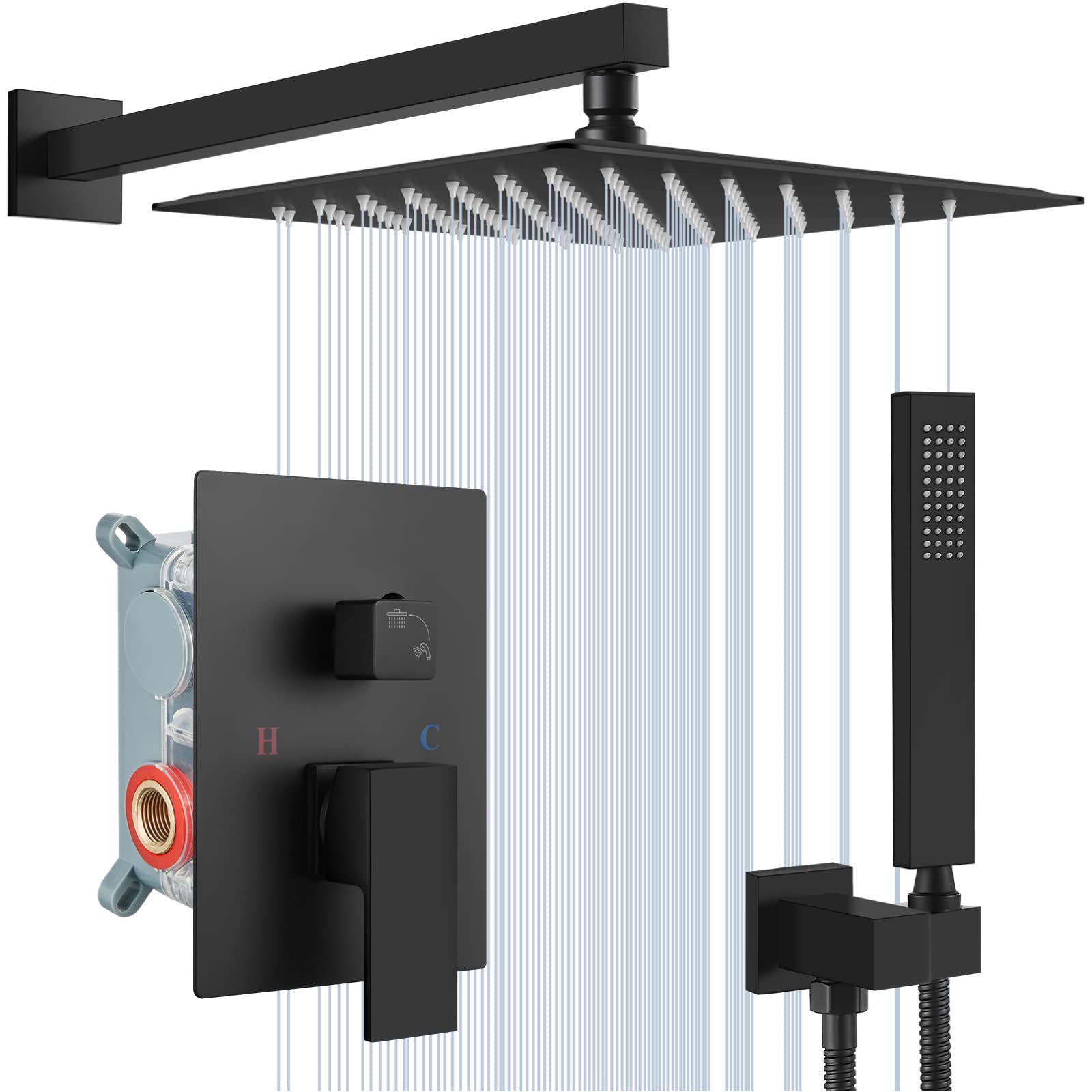 Midanya Matte Black Rain Shower System 12 Inch Square Rainfall High Pressure Shower Head Wall Mount Shower Faucet Set with Hand Sprayer and Rough-in Valve Trim Kit Bathroom Mixer Shower Combo Set
