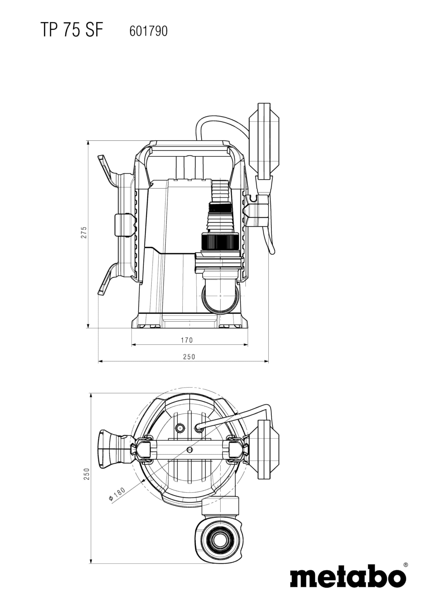 Metabo TP 75 SF pompa zanurzeniowa do czystej wody (maks. wydajność tłoczenia 7500 l/h, odsysanie wody resztkowej do 1 mm, przełącznik pływakowy z regulacją wysokości) 601790000
