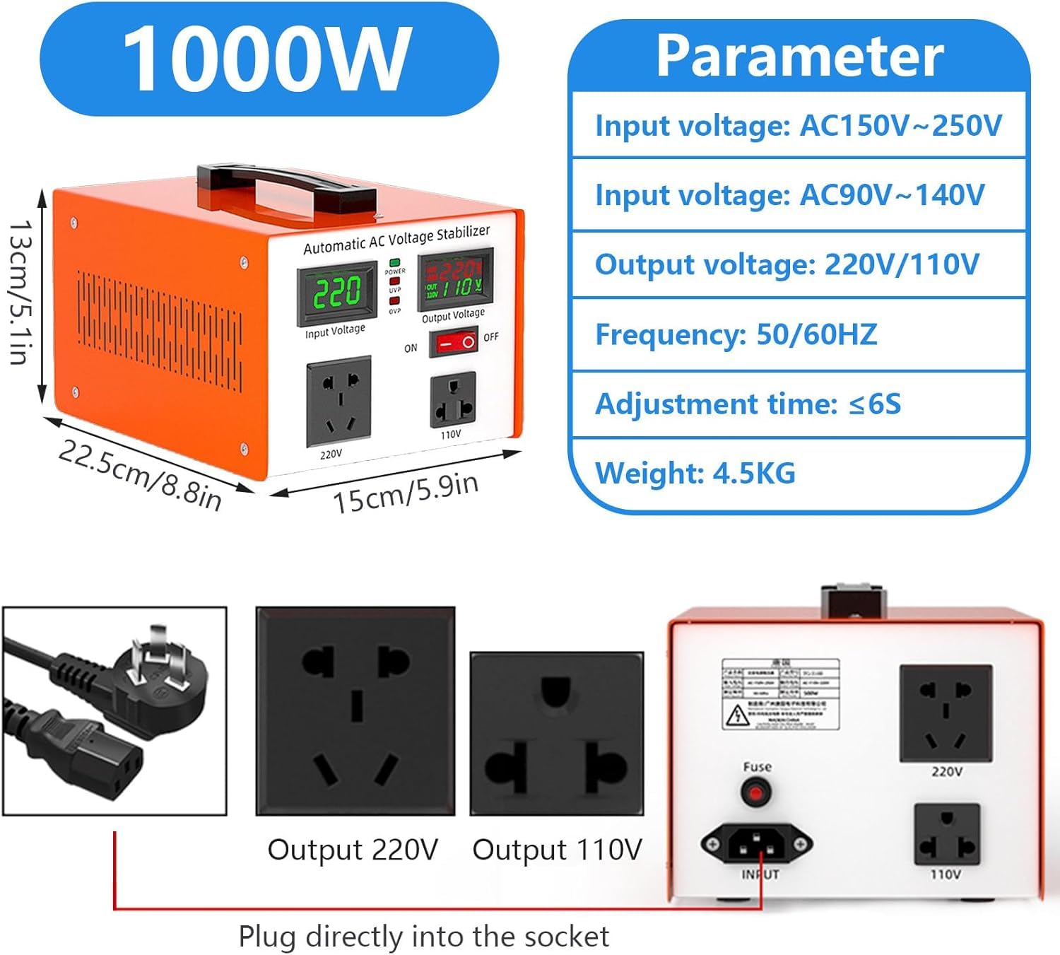 Estabilizador Regulador de Tensión Automático con 6 Protecciones y Pantalla LED, Entrada CA 90V-250V Salida 110V/220V, para Electrodomésticos - Acondicionador Fiable,220V,6000W