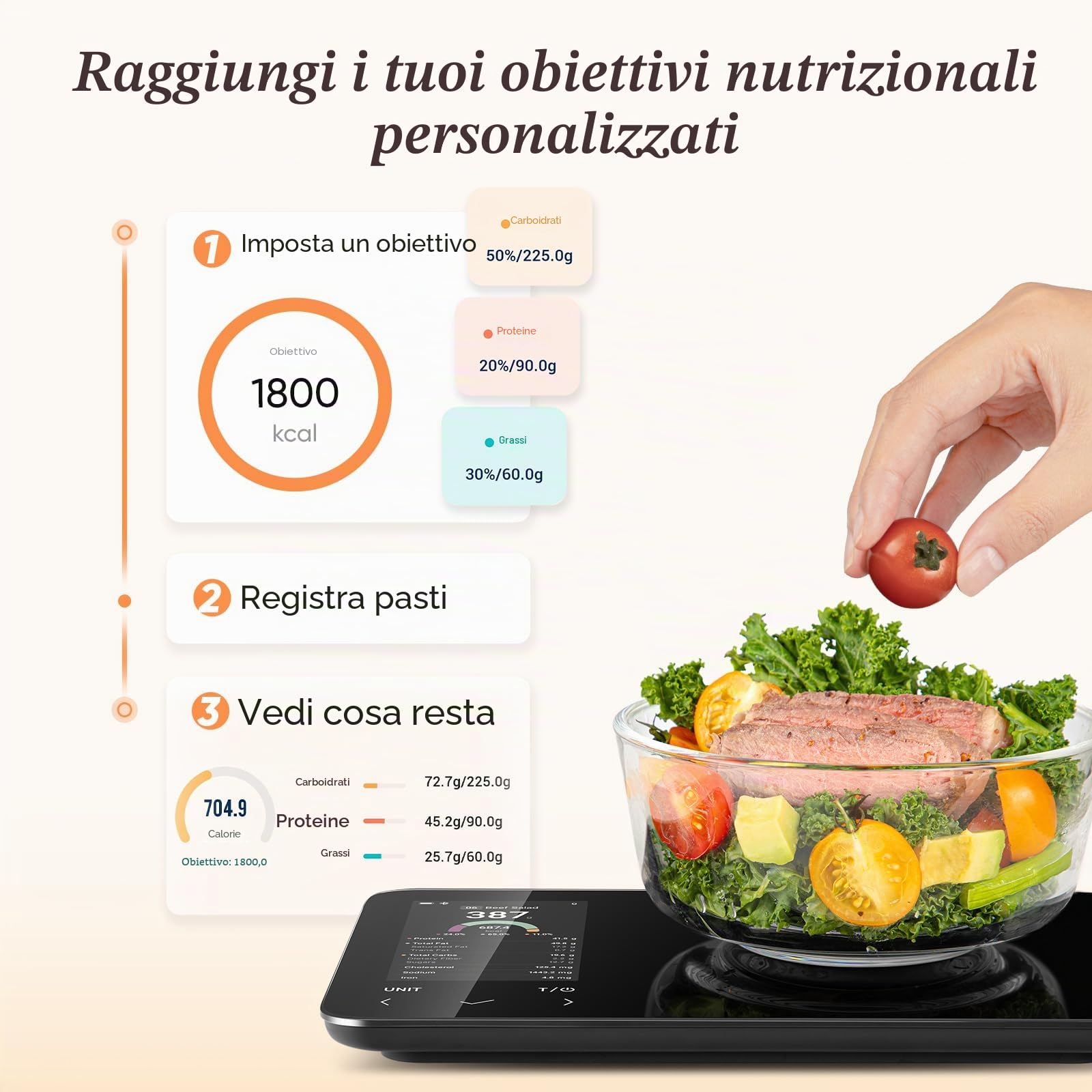 COSORI Bilancia digitale intelligente da cucina con calcolatrice nutrizionale, informazioni nutrizionali su schermo, app gratuita per il monitoraggio delle calorie e delle macro, scansione AI