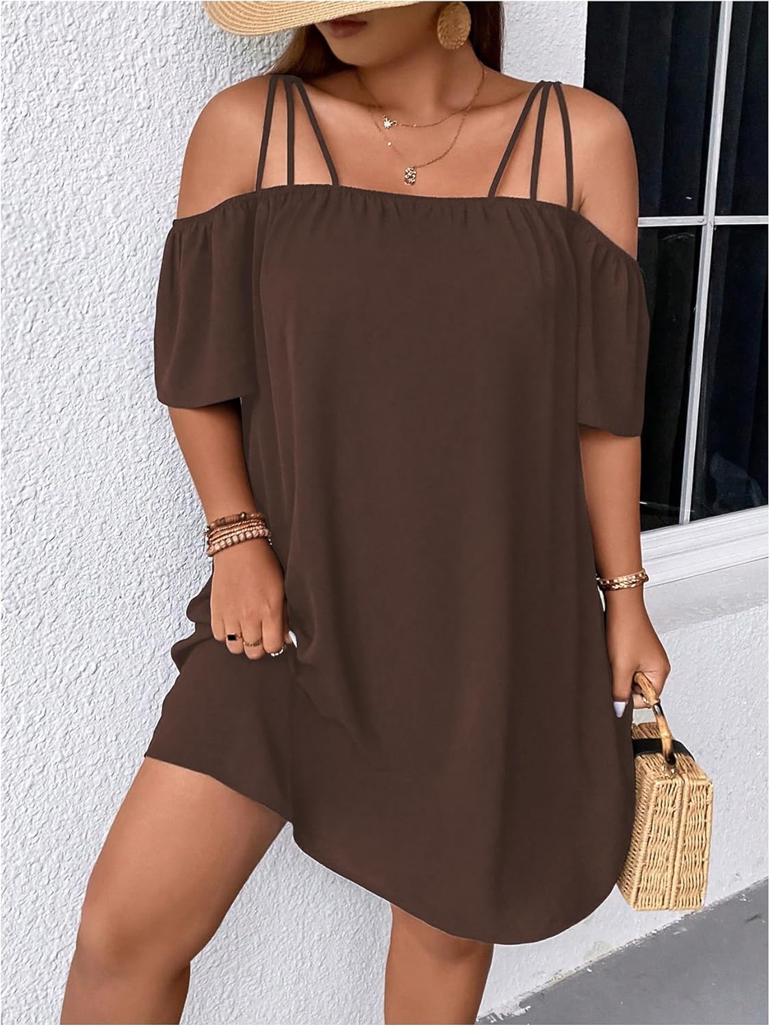 SOLY HUX Women's Plus Size Dresses Off Shoulder Short Sleeve Short Dresses Causal Loose Tunic Summer Dress - Image 4