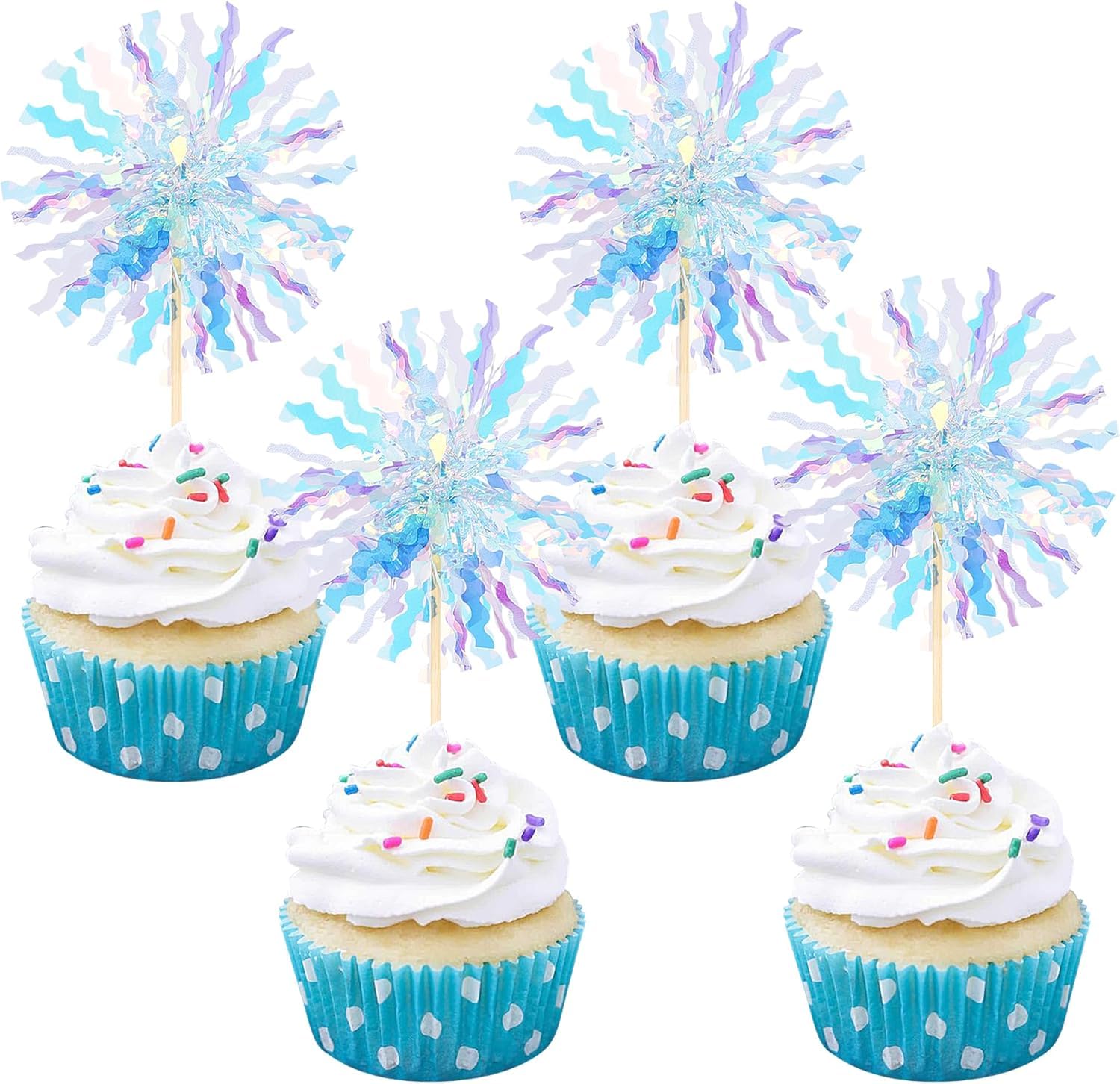 SYKYCTCY 30 Pack Foil Firework Cupcake Toppers Sparkle Tinsel Cake Toppers Cake Decoration Cocktail Fruit Toothpick for Birthday Wedding Graduation Party Supplies