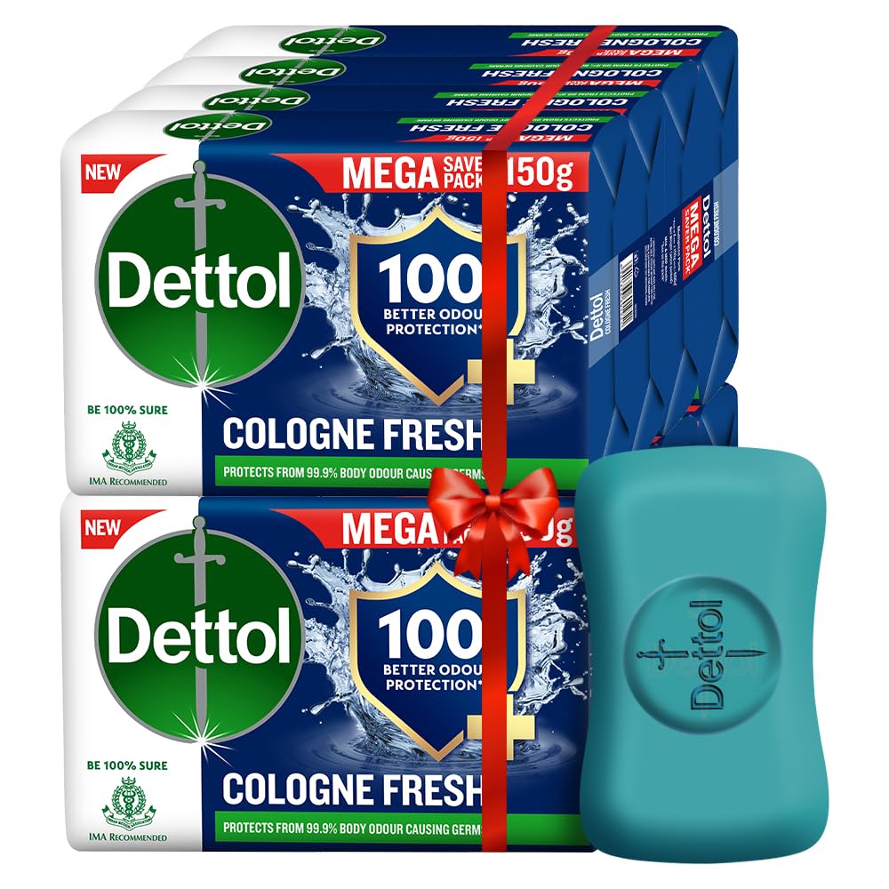 Dettol Cologne Fresh Bathing Soap Bar with 12hr Freshness 150g Pack of 8, (1200gm)