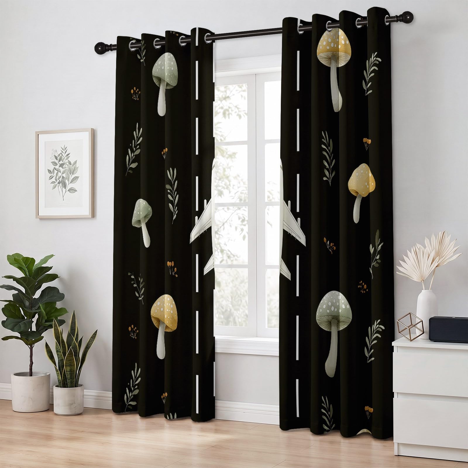 Générique Rideau Style Forêt Fantaisie Opaque 100% Occultant 2 Panneaux 140Lx180H cm, Isolant Thermiques Anti Froid Chaleur, Rideaux Avion Champignon Chambre Enfants Chambre Salon, avec Oeillets