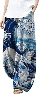 MARSVOVO Palazzo Pants for Women Trendy Wave Print Japanese Flowy Pants Lounge Casual Comfy Lantern Wide Leg Trousers