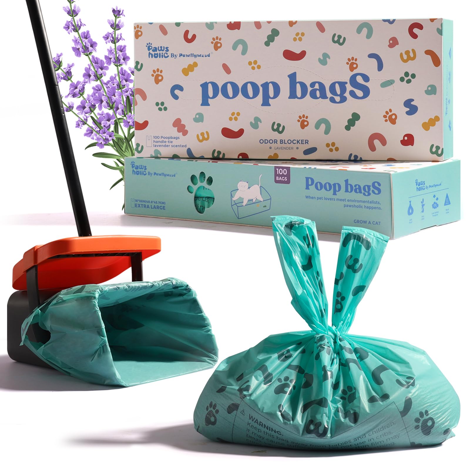 Large Size Dog Poo Bags with Tie Handles,Suit for Pooper Scooper Swivel Bin & Rake Kit, 10L, 28x45.7cm, 100 Count Biodegradable Waste bags,Lavender Scented