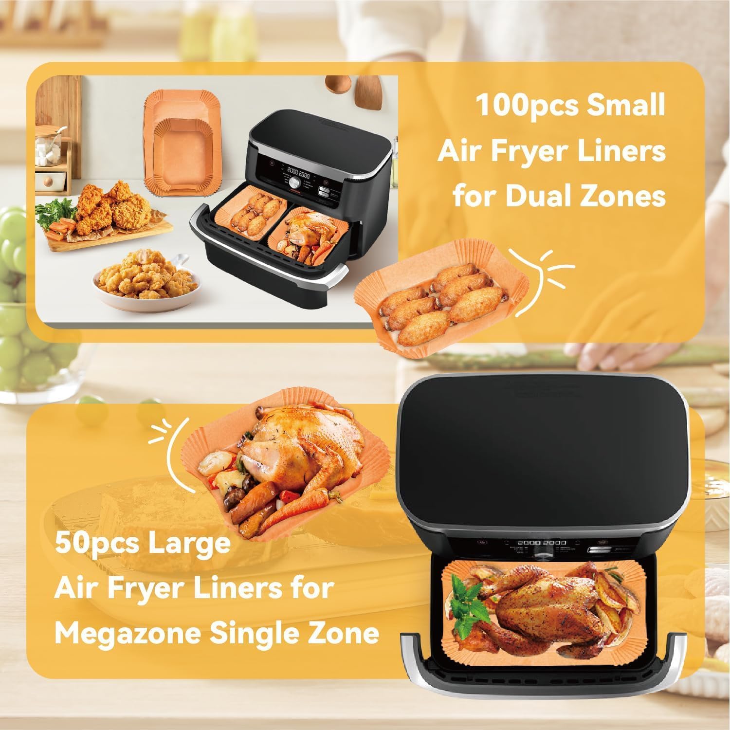 150Pcs Air Fryer Liners for Ninja Foodi DZ071 7-QT/11-QT & Instant 9-QT DualZone FlexBasket Unbleached Parchment Paper, Disposable, Non-Stick,Includes 100 Small + 50 Large Liners