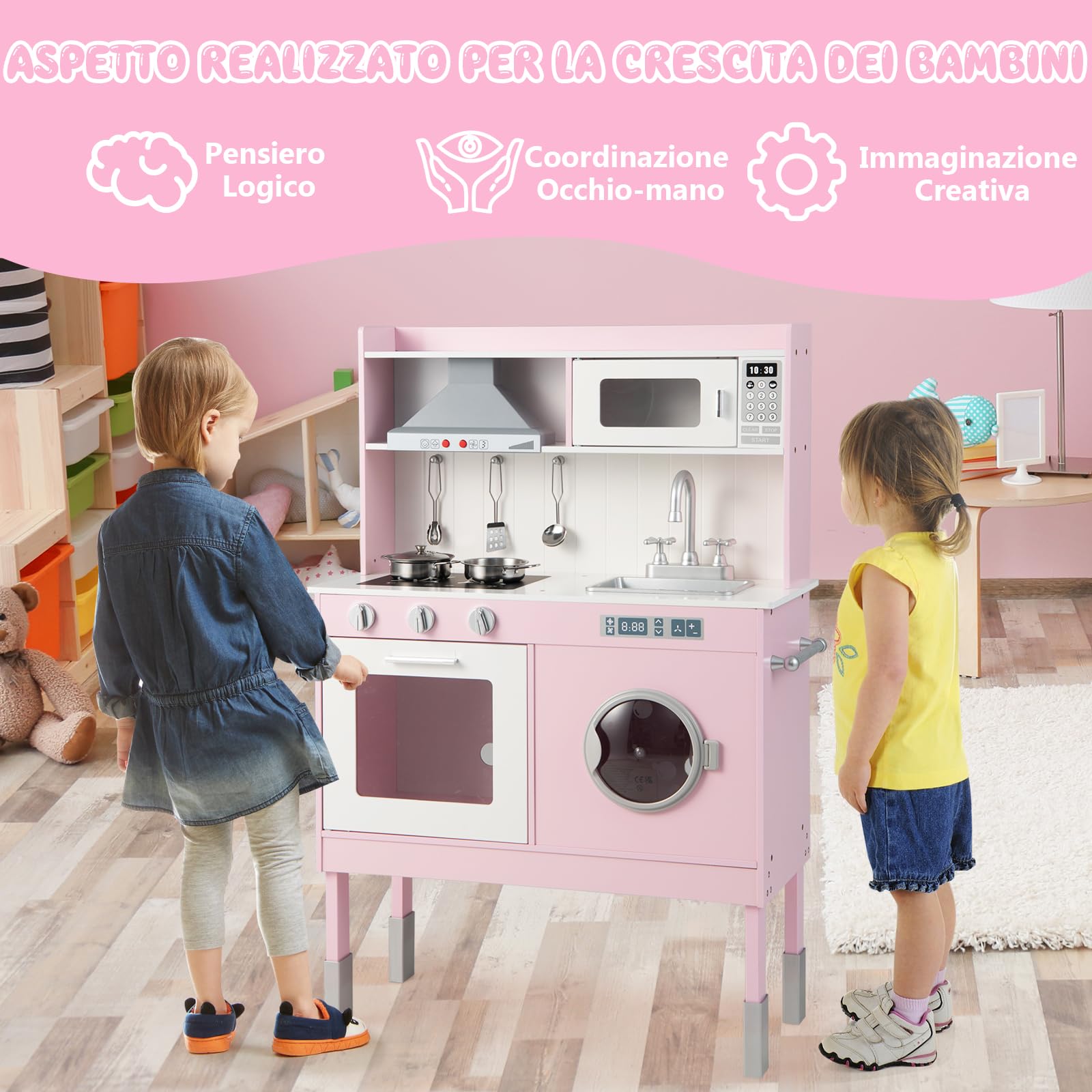GYMAX Cucina Giocattolo per Bambini in Legno, Gioco Cucina con Accessori, Set da Gioco per Bambini con Luci e Suoni, Kit da Cucina Montessori con Abbricatore di Ghiaccio dai 3 Anni + (Stile 3)