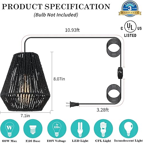 Miniatura 5 de Lámpara colgante enchufable, lámpara colgante con cable de 15 pies, interruptor de encendidoapagado, cesta de ratán tejida a mano negra, lámpara