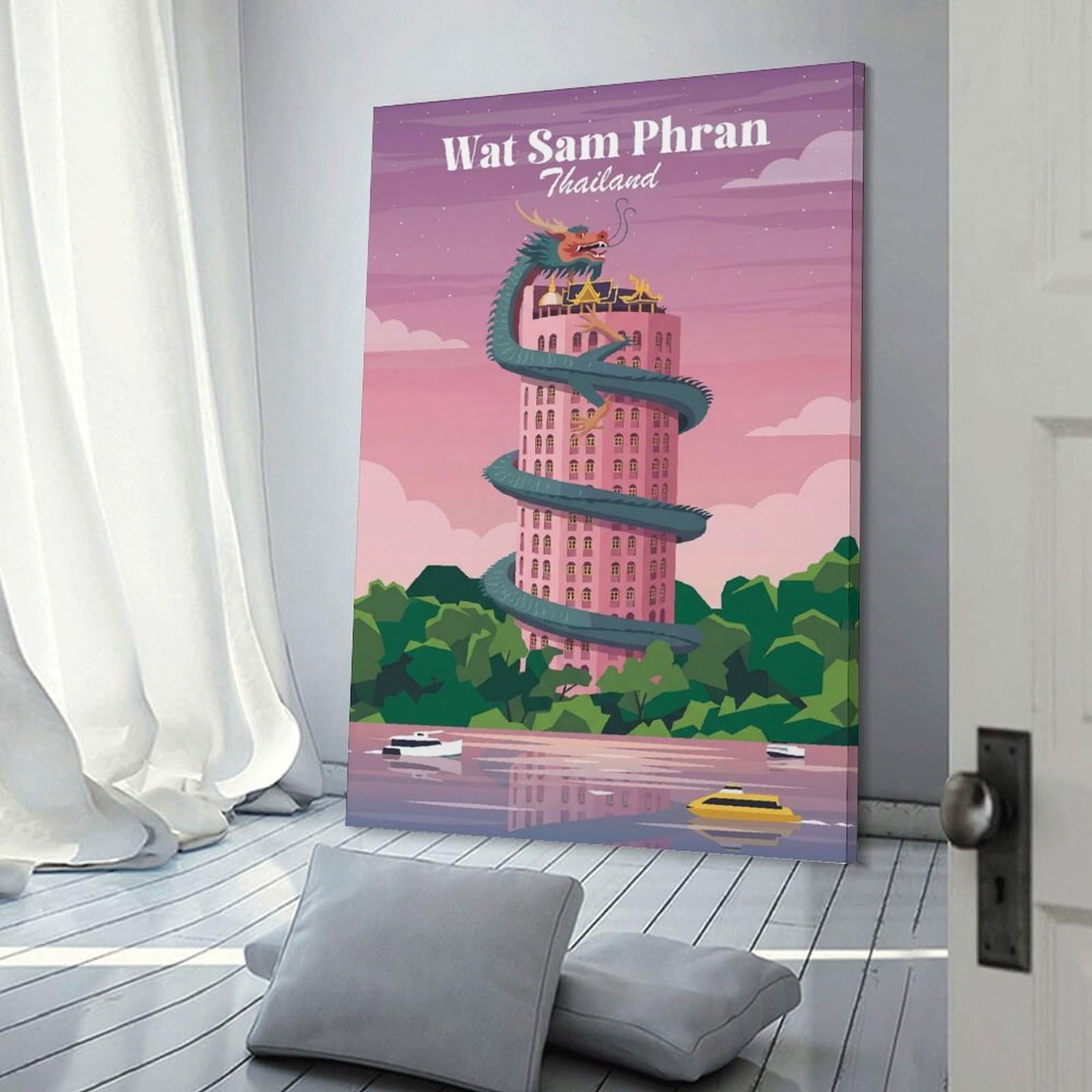 Junmoney Frame-Style-17-1 Wall Picture Print Wat Sam Phran Building Thailand, 16X24inch(40X60cm), For Entrance Walls, Hall Decor Or Foyers, Home Artwork For First Impressions