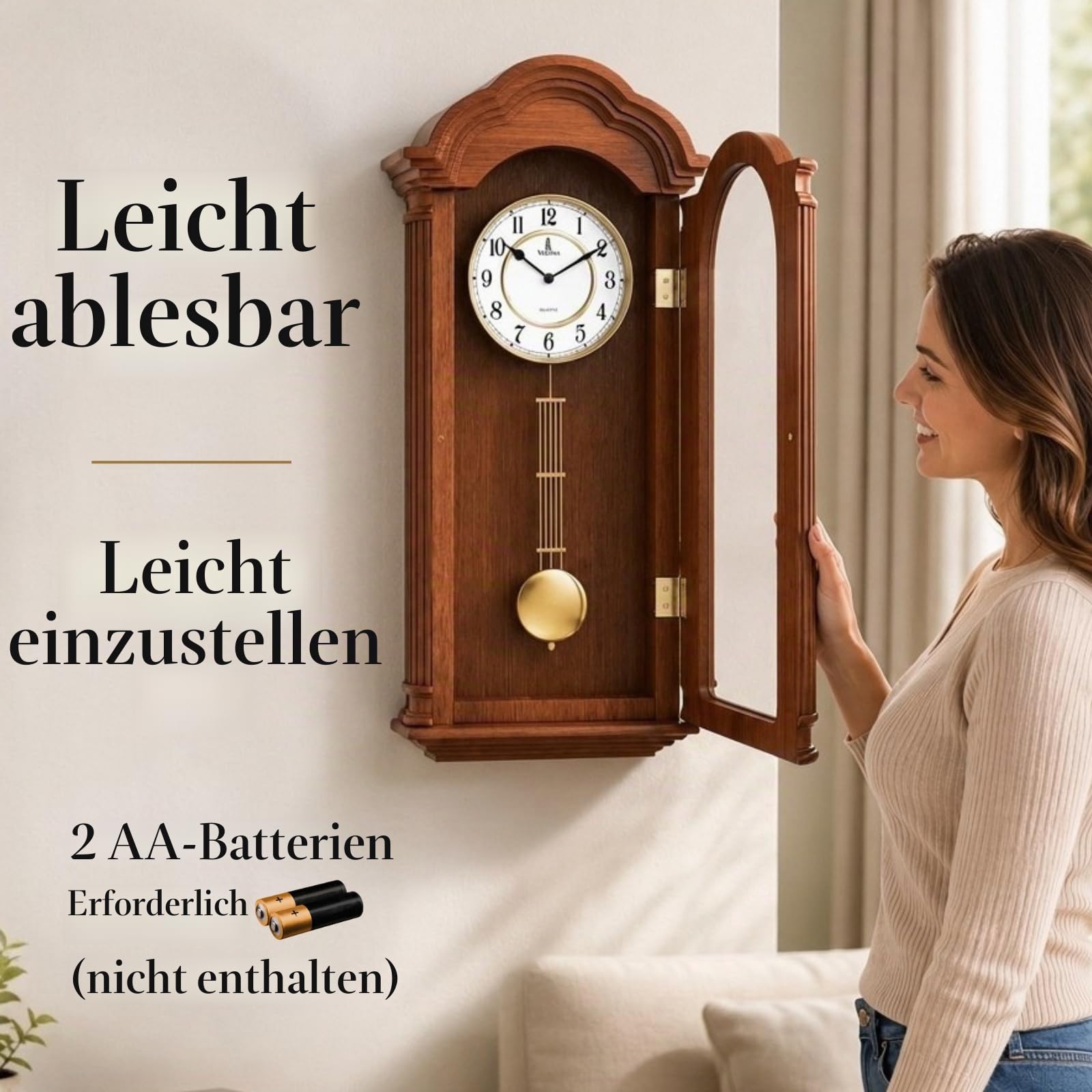 Pendel-Wanduhr, batteriebetrieben, groß, hölzerne hängende Großvater-Wanduhr mit Pendel, leise, hergestellt aus echtem Holz, für Wohnzimmer-Dekor, Büro und Heimdekoration, Geschenk, 66 x 30 cm | Uhr aus Massivholz, 66 x 30,5 cm, geräuschlos, batteriebetri