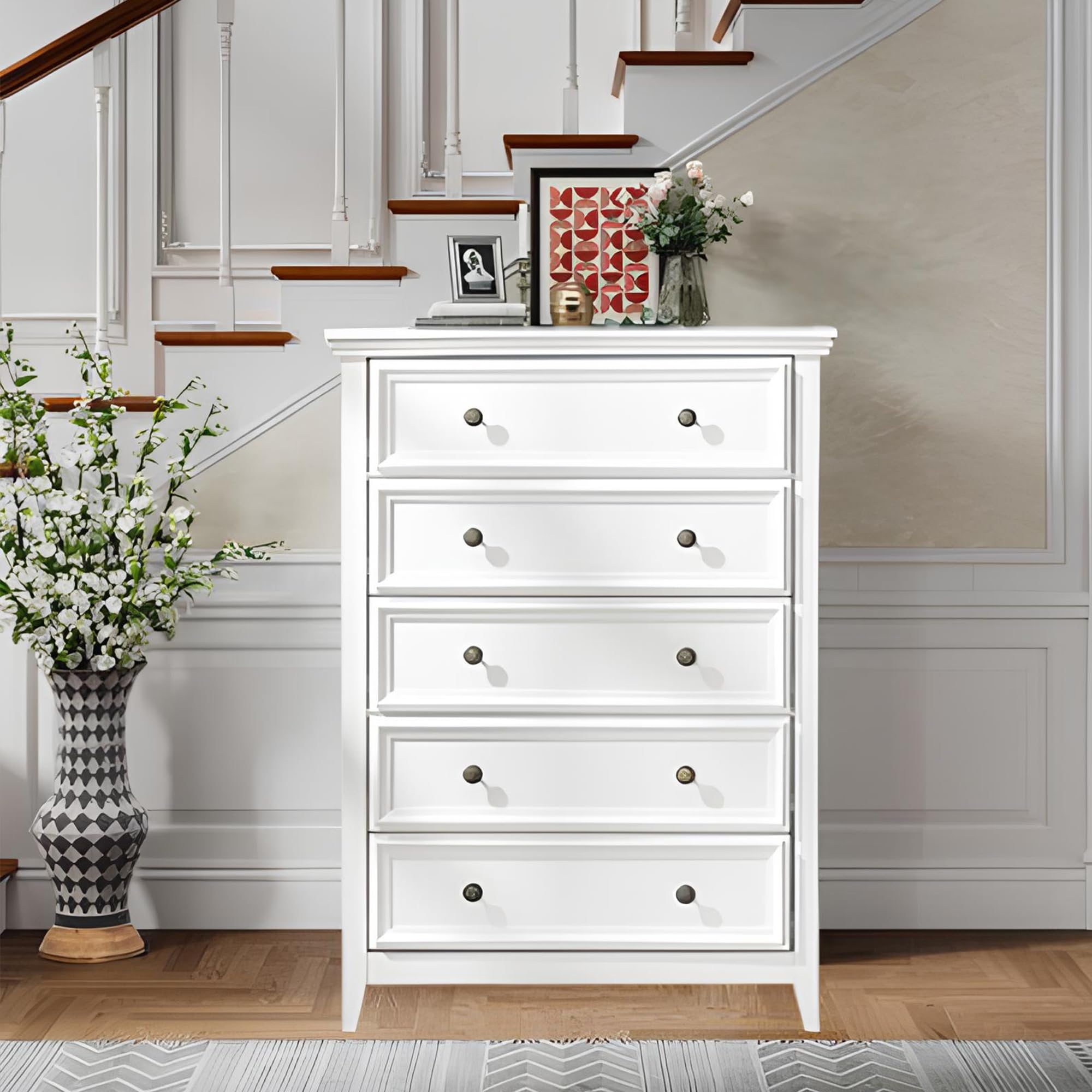 roomfitters Modern 5 Drawers Dresser 5 Drawers Cabinet,Chest of Drawers Closet Organizers and Storage Drawers Cabinet for Living Room, Farmhouse Dresser Organizer White