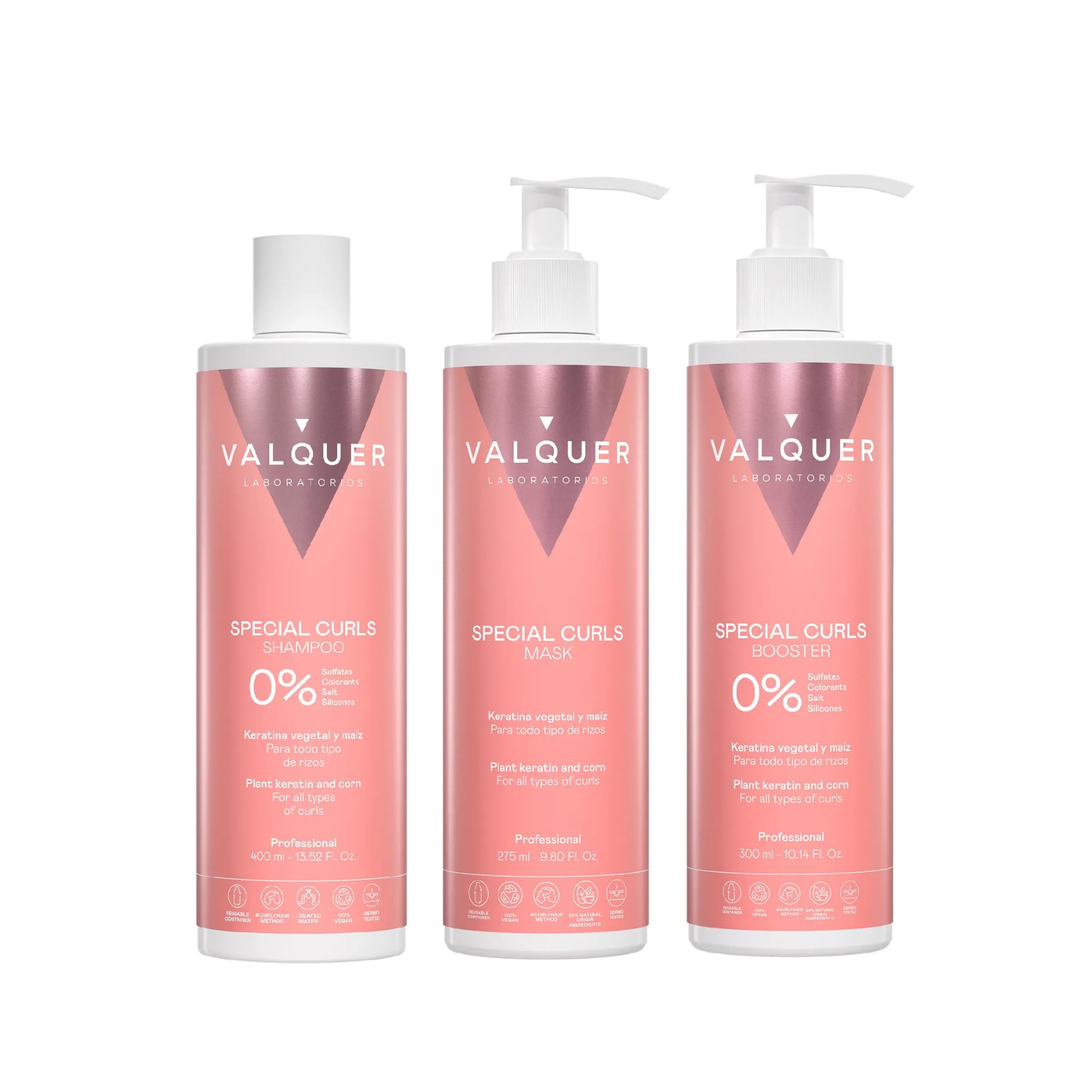VALQUER Curly Hair Care Pack | Includes Shampoo 400ml, Mask 275ml & Curl Booster 300ml | Curly Method Approved | Defines & Hydrates Curls with Plant-Based Keratin & Corn Extract | Vegan
