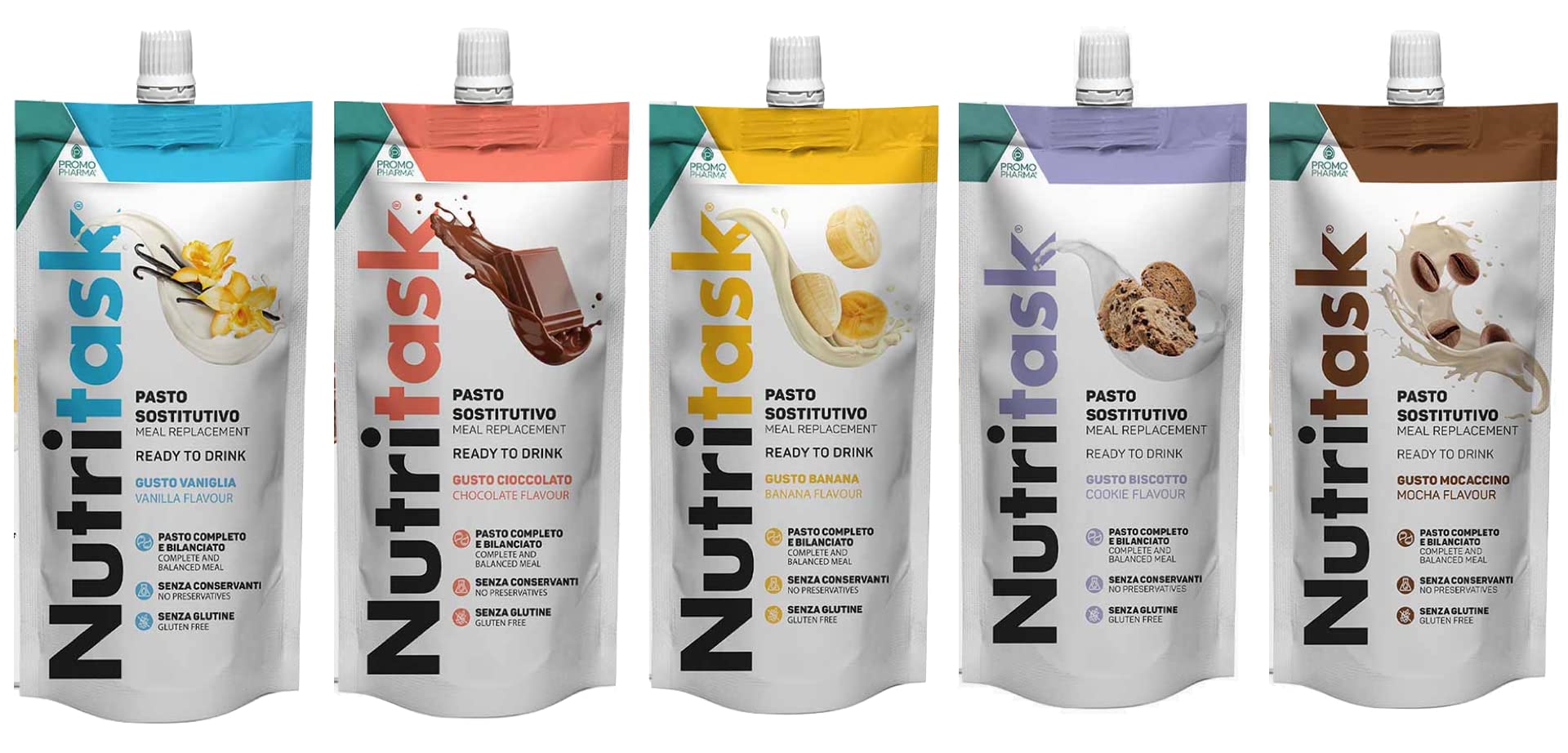 PromoPharma - Nutritask Pasto Sostitutivo Variety Pack - 10 buste da 220gr assortite nei gusti: Banana, Biscotto, Cioccolato, Mocaccino, Vaniglia