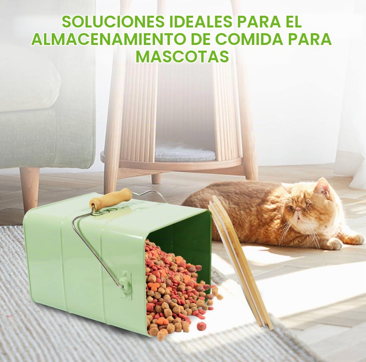 Geyecete Metal - Contenedor de croqueta para gatos (6 L, cajas para alimentos y golosinas, animales y herméticos, madera, tapas de acero al carbono revestidas, – Croqueta de gato con mango verde