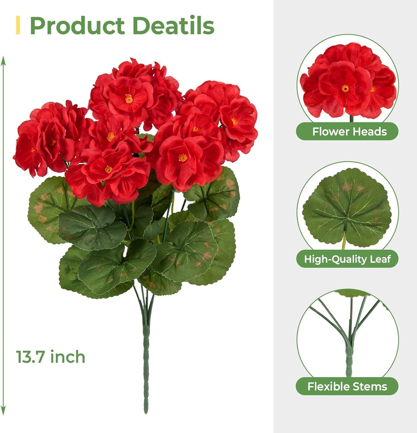 Artificial Flowers for Outdoors Faux Geraniums Plants UV Resistant Outside Fake Silk Flowers Bulk Plastic Greenery for Home Porch Planter Patio Table Centerpieces Decor, 6 Bundles (Red) - Image 2