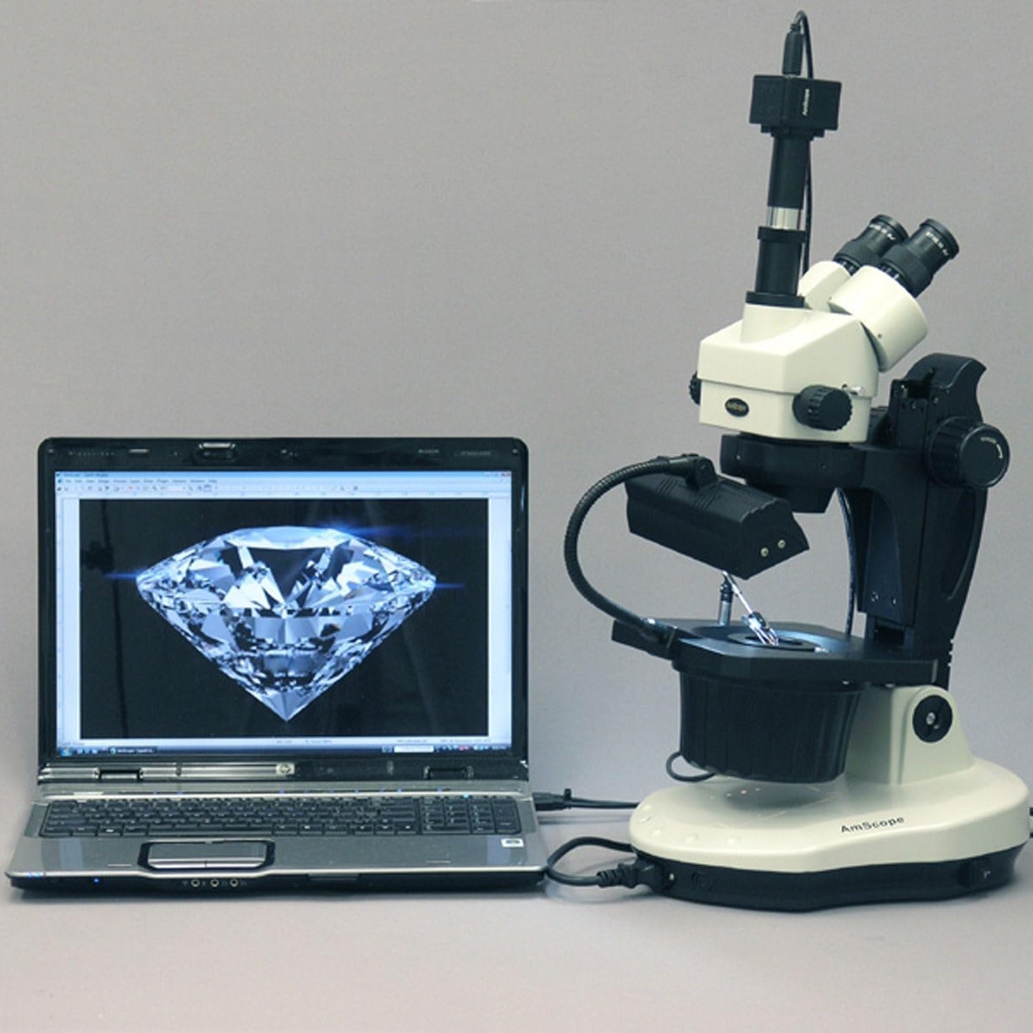 AmScope GM400TZ-M Digital Trinocular Gemology Stereo Zoom Microscope, WH10x Eyepieces, 3.5X-90X Magnification, 0.7X-4.5X Zoom Objective, Halogen and Fluorescent Lighting, Inclined Pillar Stand, 110V-120V, Includes 0.5X and 2.0X Barlow Lenses, 1.3MP Camera with Reduction Lens, and Software