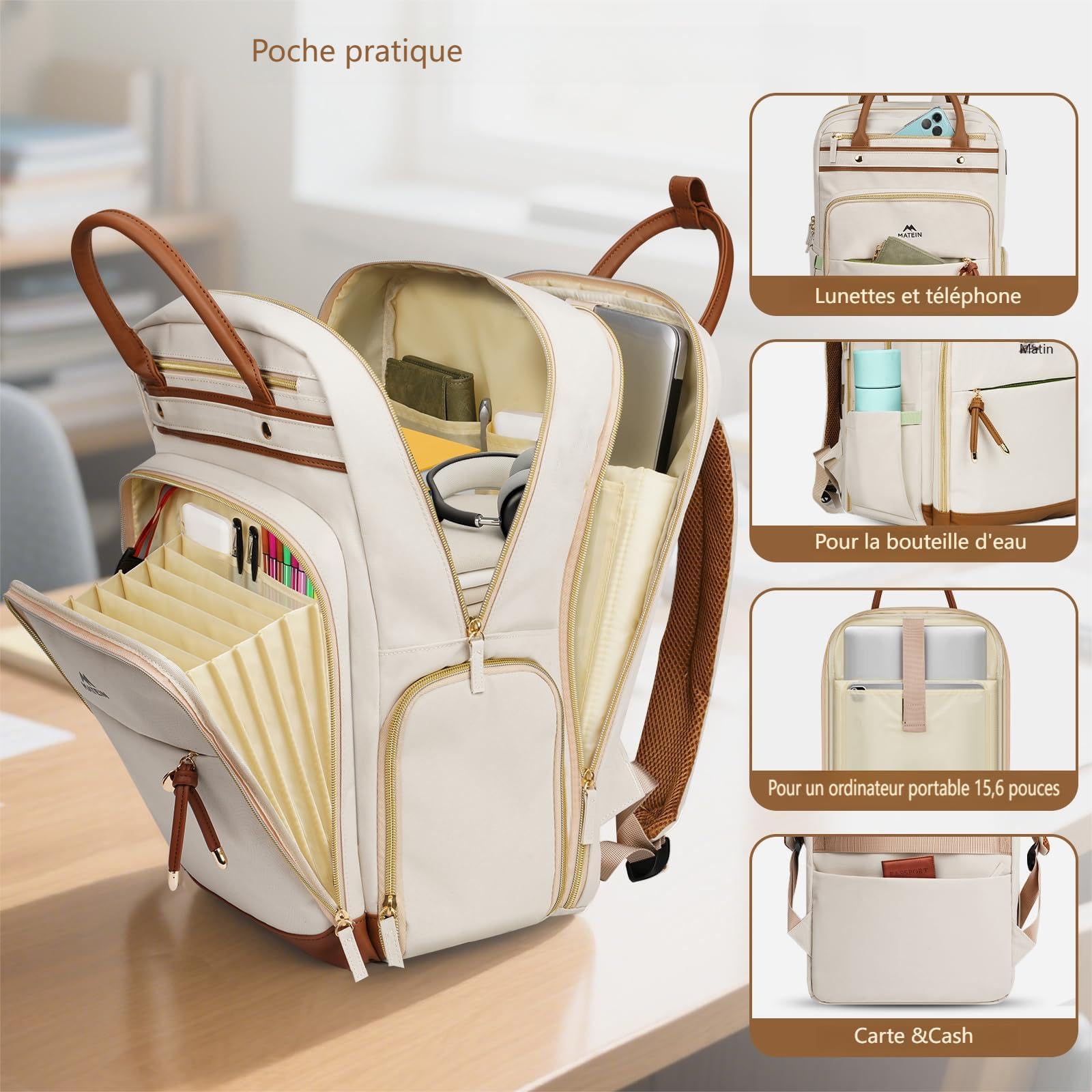 MATEIN Sac à Dos d'enseignant Femme, Sac à Dos Ordinateur Portable 15,6" | Sac a Dos Femme Compartiment Repas Amovible, Sac Travail 2 en 1, Rangement Dossiers A5, École et Bureau