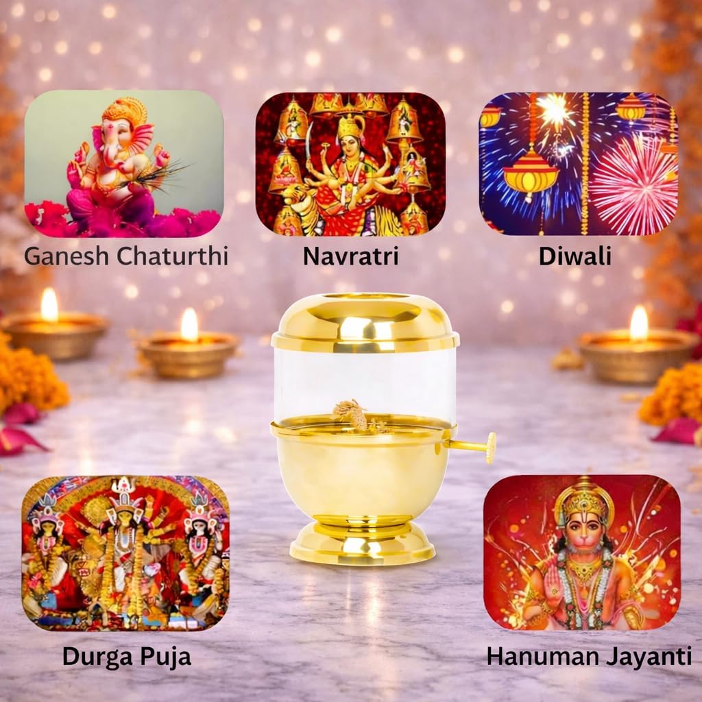 Narayan Bhakti™ Brass akhand Diya ,Big Size 250ml Oil Capacity with Wick-Lifting Screw Lever & Borosilicate Glass – Long Burning Oil lamp for Pooja | deepam for Mandir, Home Temple & Festive use