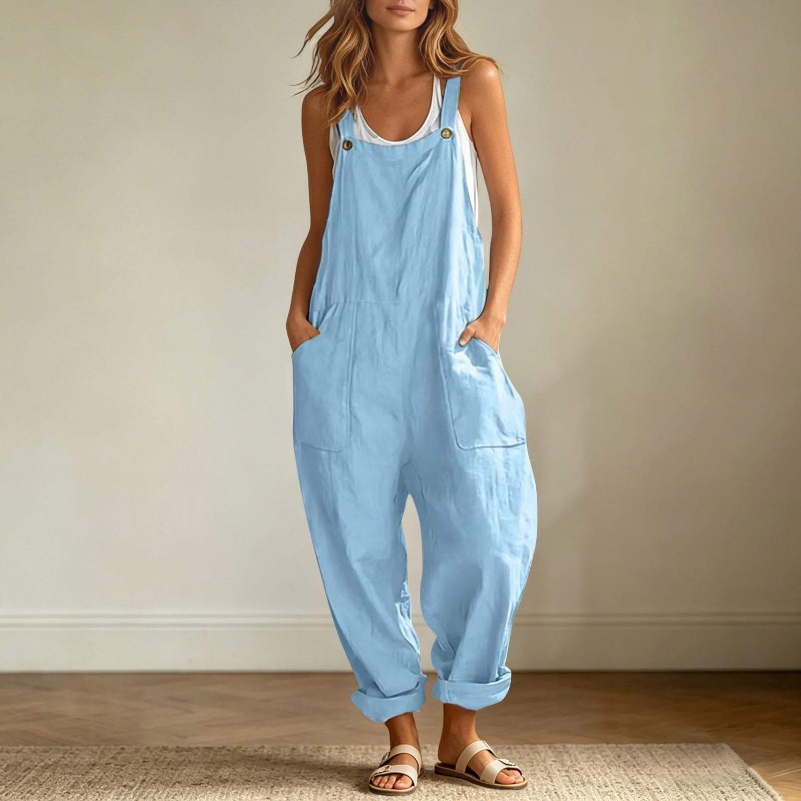 Générique Salopette Femme fluide generic, Combinaison en lin Ample et Décontracté Femme avec Bretelles Réglables et Poches, Salopette de Travail Ete Fluide chic, Pantalon Imprimé spaghetti