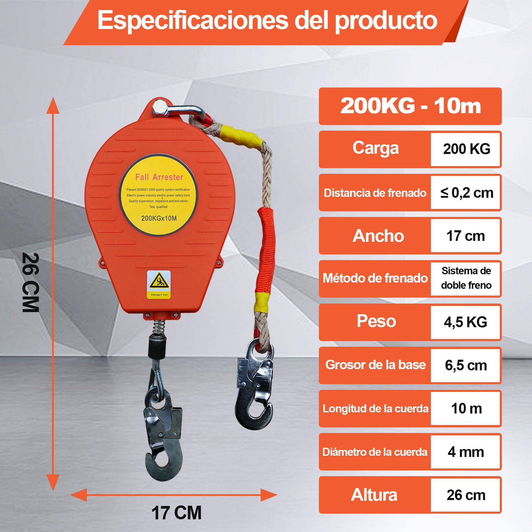 Dispositivo Anticaida Retractil, 10m Arnes Linea de Vida Retractil Tejado | Anticaidas Retractil Seguridad 200KG con Gancho Autoblocante, Equipos Anticaída Retractil para Trabajos Aéreos
