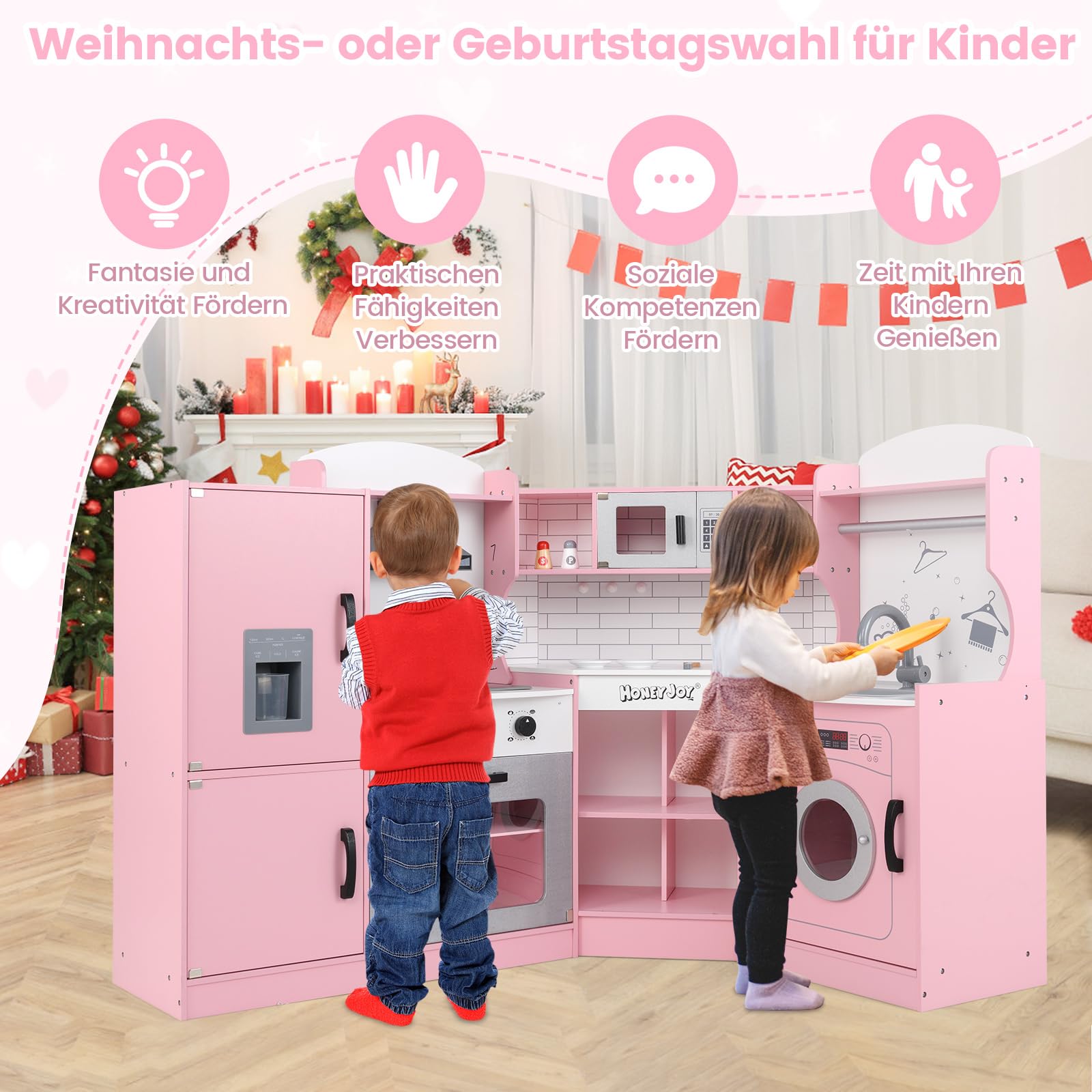 COSTWAY Kinderküche Eck, Spielküche mit Licht & Sound, Kinderspielküche mit Spüle, Eismaschine, Backofen & Kochgeschirr, Holzküche Spielzeugküche für Kinder ab 3 Jahren (Rosa)
