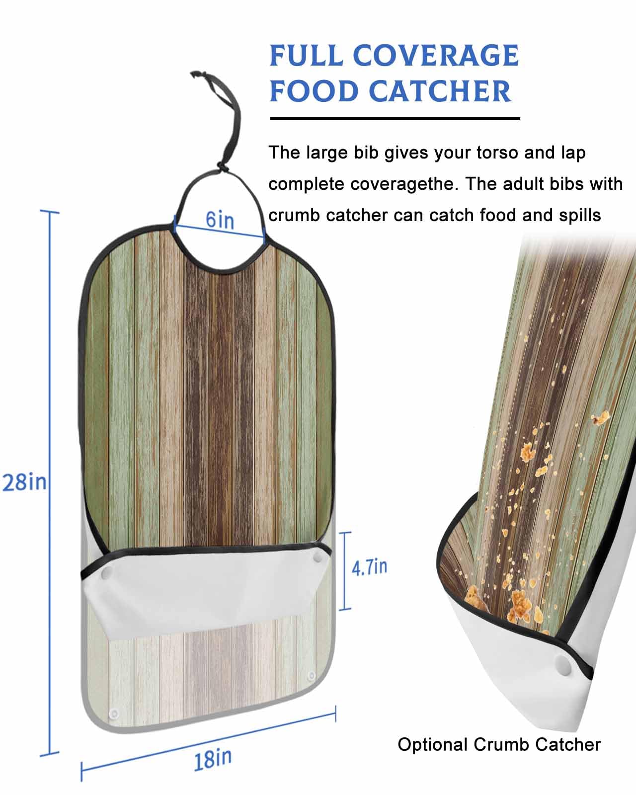 LEOKOTI Farmhouse Sage Green Brown Adult Bibs for Eating, Waterproof Bibs with Food Catcher & Adjustable Snap Closure, Vintage Country Wooden Washable Clothing Protectors Adult Bibs for Elderly