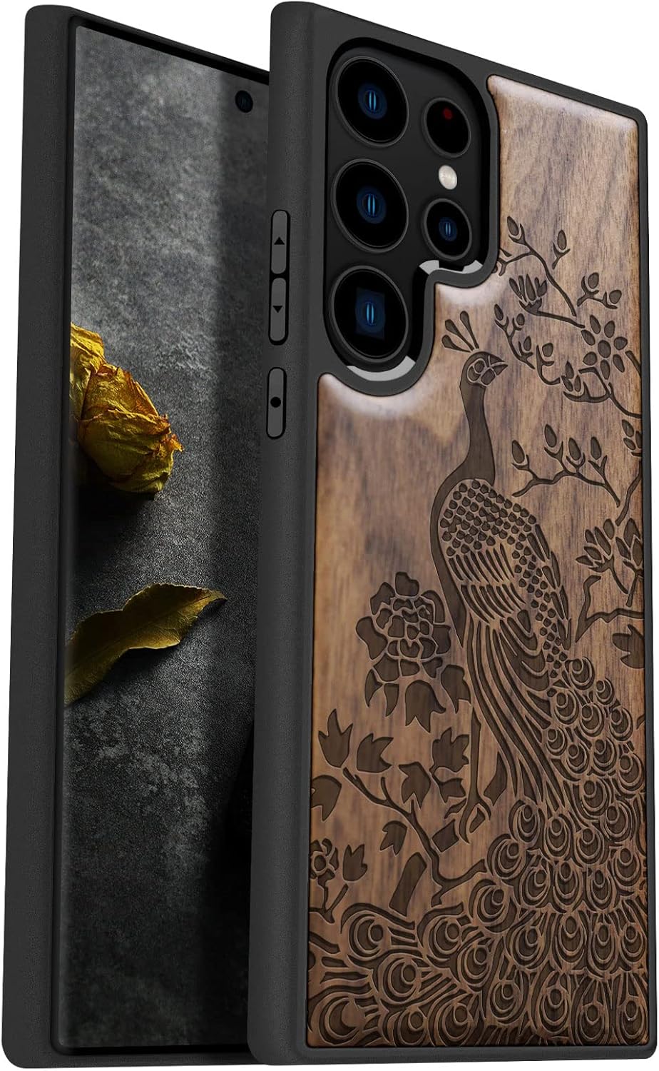 Carveit Wood Case for Galaxy S23 Ultra Case [Natural Wood & Black Soft TPU] Shockproof Protective Cover Unique & Classy Wooden Design Compatible with Samsung S23 Ultra (Peacock-Blackwood)
