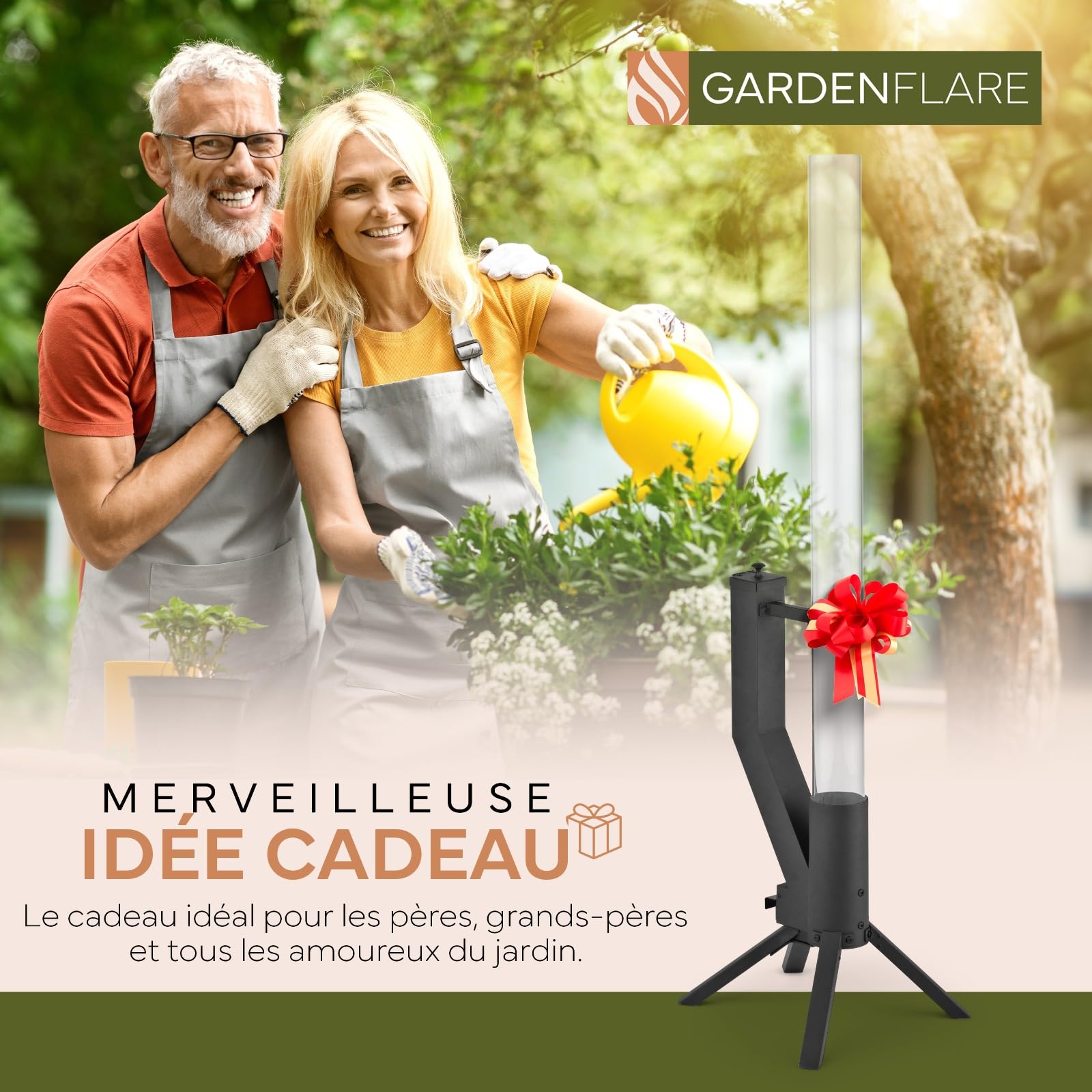 GARDENFLARE Torche à Pellet pour Jardin & Terrasse – Cheminée à Pellet Noire, Brasero Granulés Élégant, Flamme jusqu'à 1m, Brûle 75 Min, Acier Inoxydable, Conçu en Allemagne
