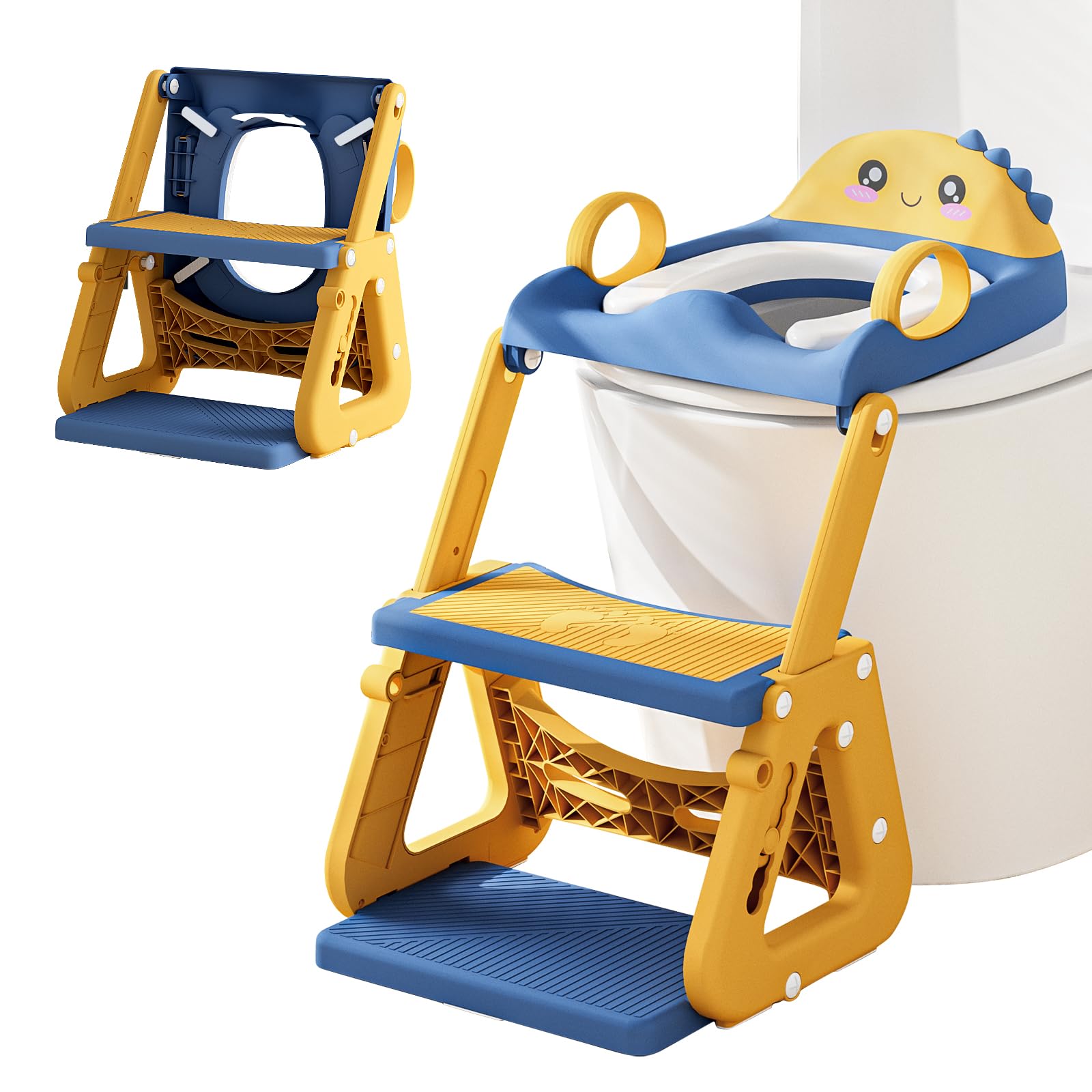 Riduttore Wc Bambini con Scaletta, 2 In 1 Scaletta Wc Per Water Bambini con Struttura a Triangolo, Paraspruzzi Estesi Regolabile e Pieghevole Sgabello Antiscivolo, Adattatore per Bambino e Cuscino