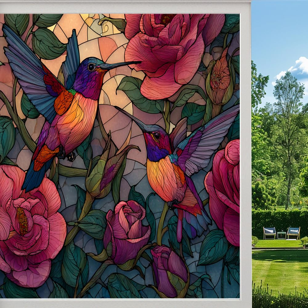 Rustic Hummingbird Stained Glass Window Film, Red Floral Natural Bird Peel and Stick Privacy Film, Frosted Adhesive Vinyl Decorative for Bathroom Windows Glass Doors, （50x100cm）